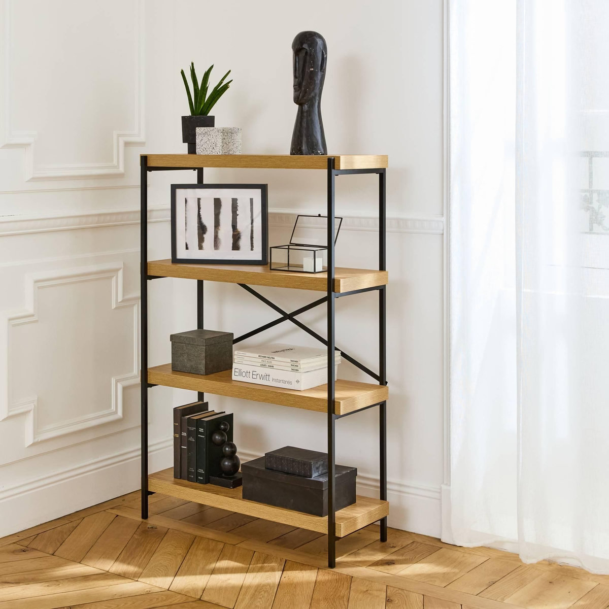 SWEEEK Etagère 4 niveaux industrielle effet frêne et métal - LOFT-   L 80 x l 30 x H 120cm
