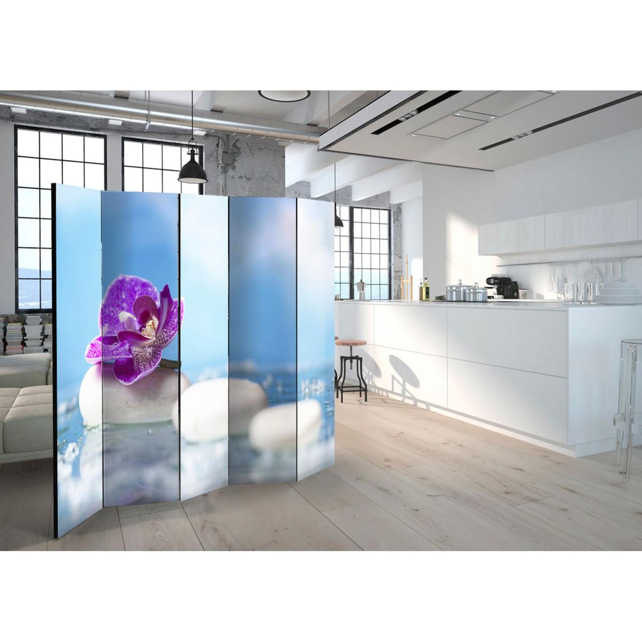 Voir la diapositive 2 : Paris Prix Paravent 5 volets  pink orchid & white zen stones  172x225cm