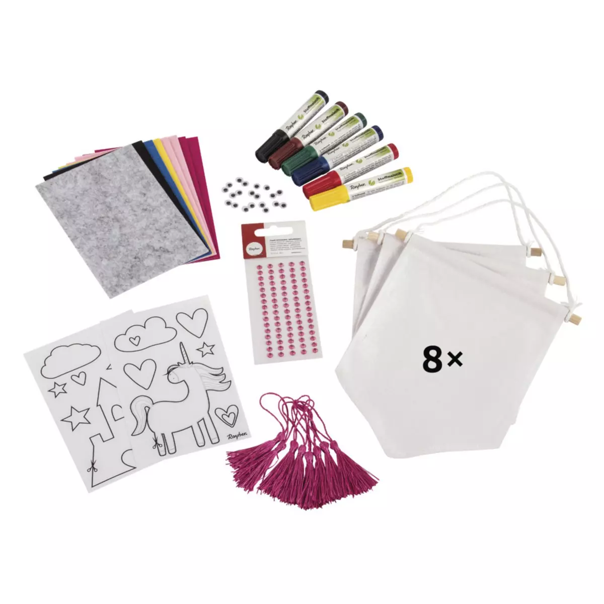Rayher Kit créatif Licorne, pour 8 fanions de tissu, boîte 1 Set