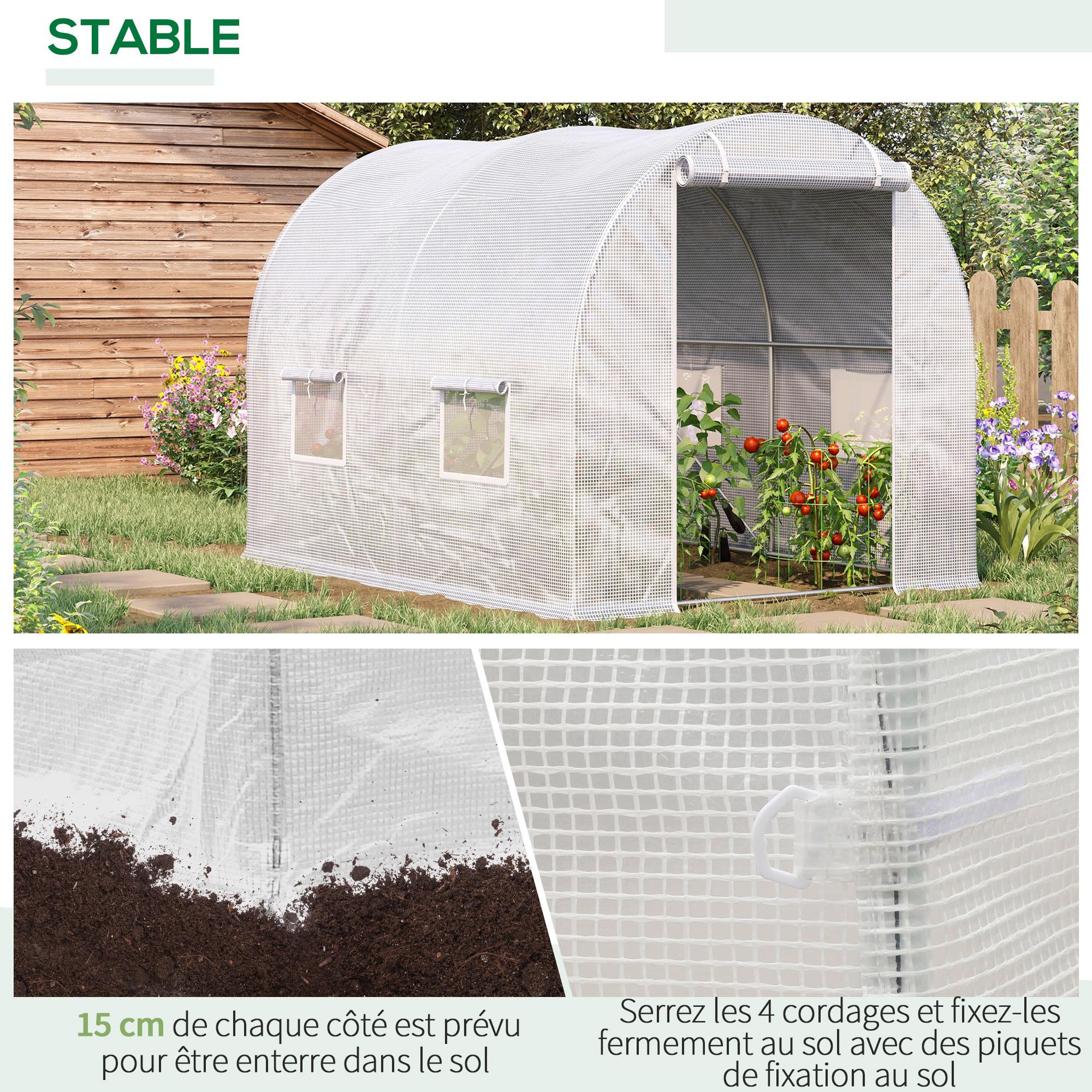 Voir la diapositive 6 : OUTSUNNY Serre de jardin tunnel 6 m² 3l x 2l x 1,9h m acier galvanisé renforcé diamètre 2,4 cm + pe haute densité fenêtres porte blanc