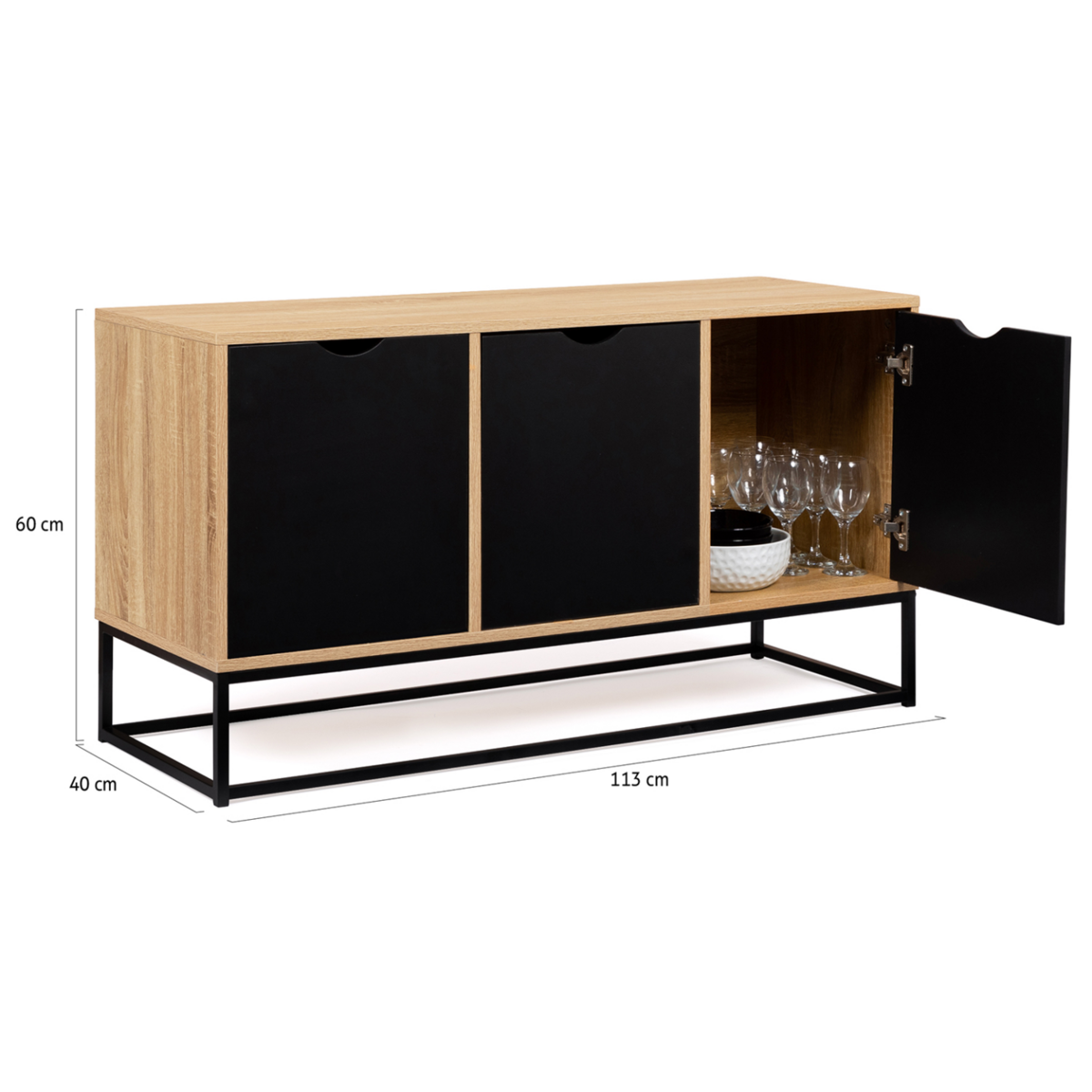 ID MARKET Buffet bas 113 cm BOSTON 3 portes noires design industriel