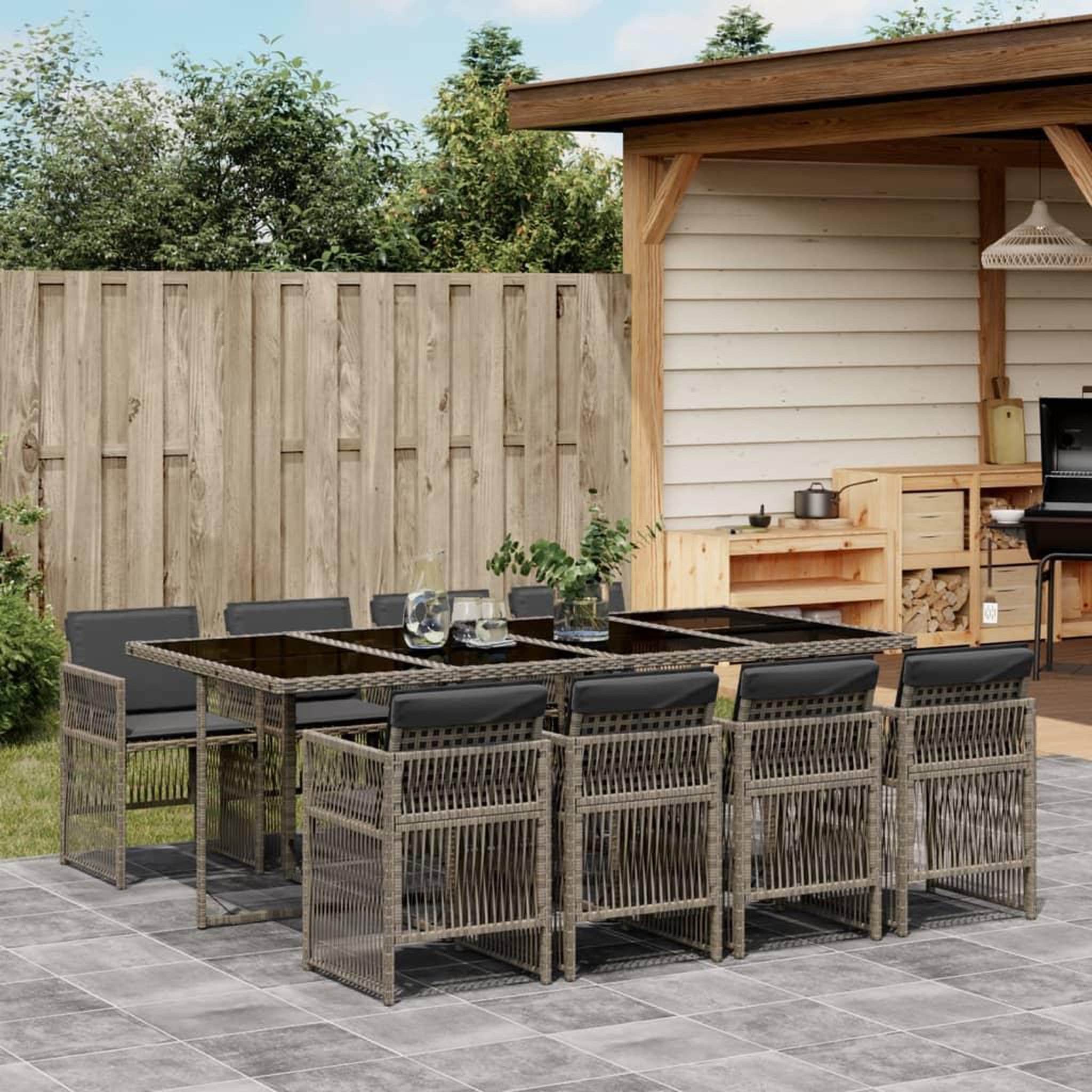 VIDAXL Ensemble a manger de jardin 9 pcs coussins gris resine tressee