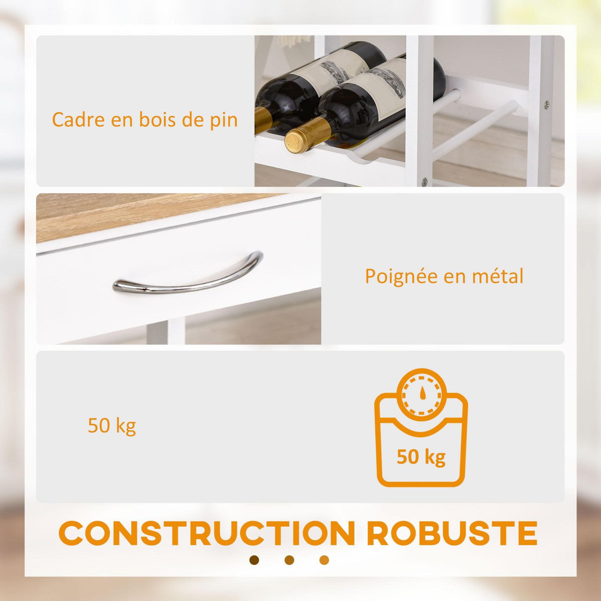 HOMCOM Chariot de service desserte de cuisine à roulettes 2 étagères + plateau amovible + tiroir bois de pin MDF