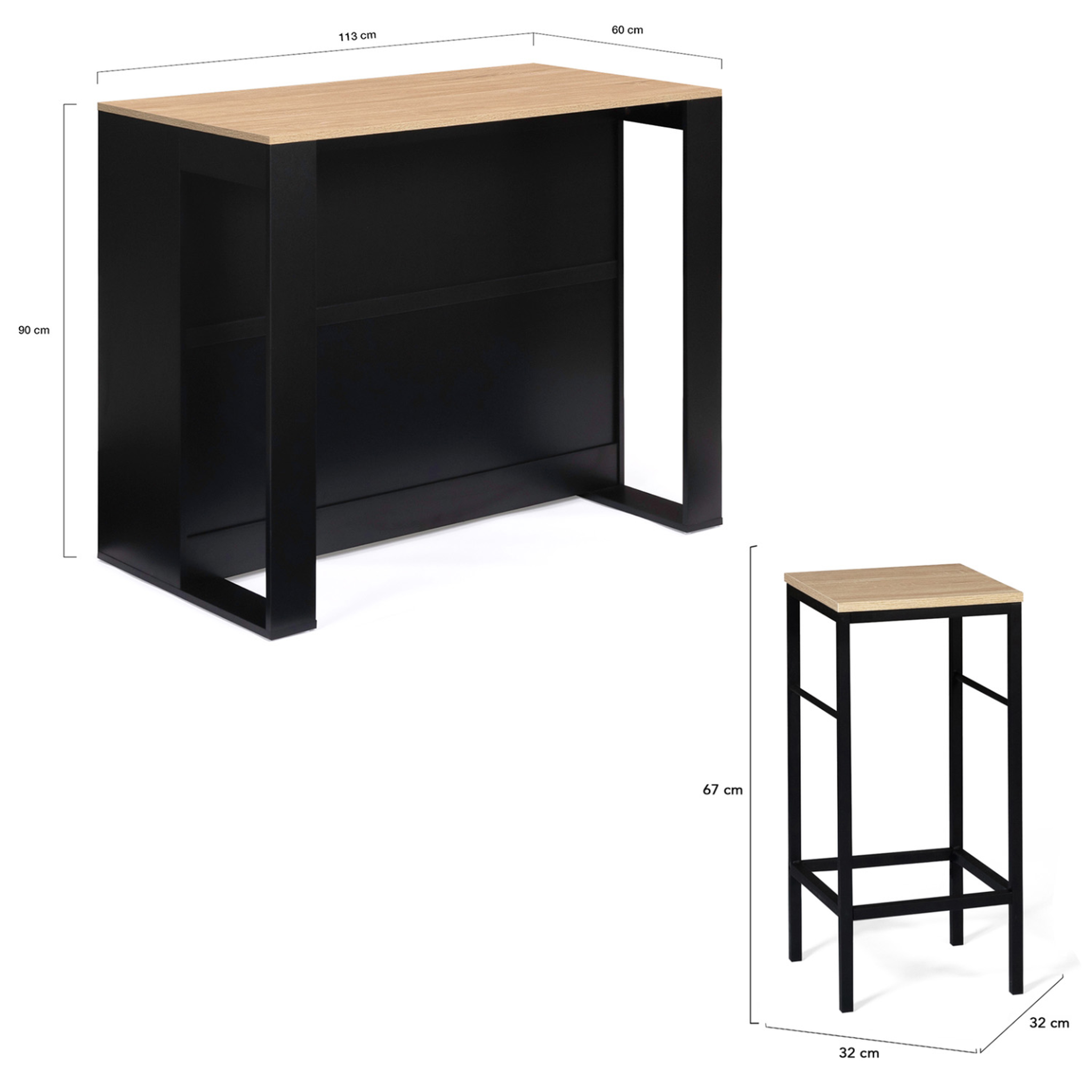 Voir la diapositive 5 : ID MARKET Ensemble table de bar îlot JUNO bois noir avec plateau façon hêtre et 2 tabourets de bar DETROIT