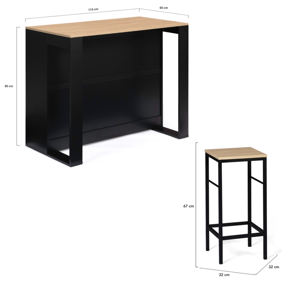 ID MARKET Ensemble table de bar îlot JUNO bois noir avec plateau façon hêtre et 2 tabourets de bar DETROIT