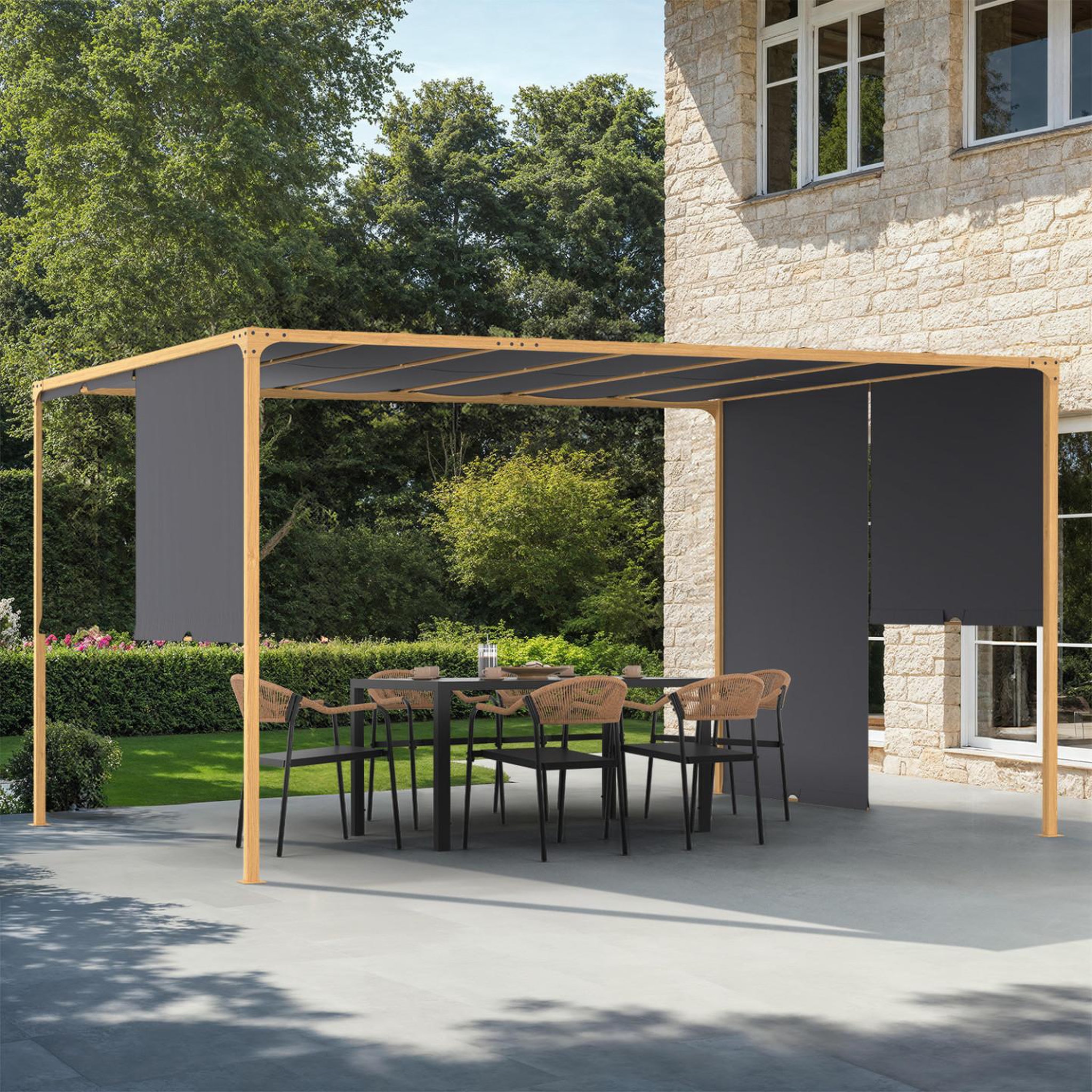 Voir la diapositive 3 : ID MARKET Pergola coulissante 2 pans 3x4 m belvédère de jardin effet bois toile gris anthracite