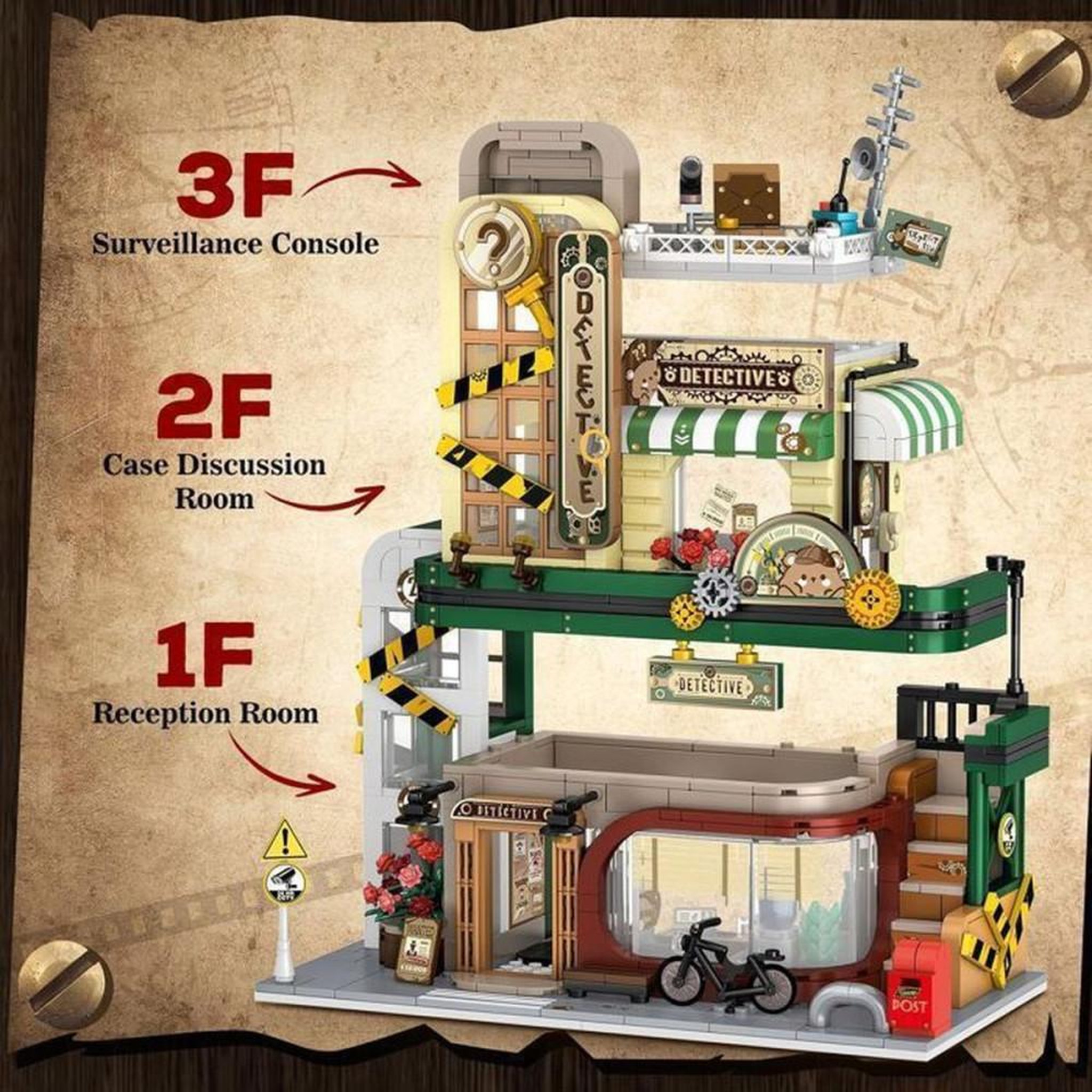 Voir la diapositive 4 : Mini maison Atelier Agence de détectives INSOON avec LED, kit de construction 1231 pièces, modèle sur 3 niveaux, projecteur rotatif et portes/fenêtres transparentes