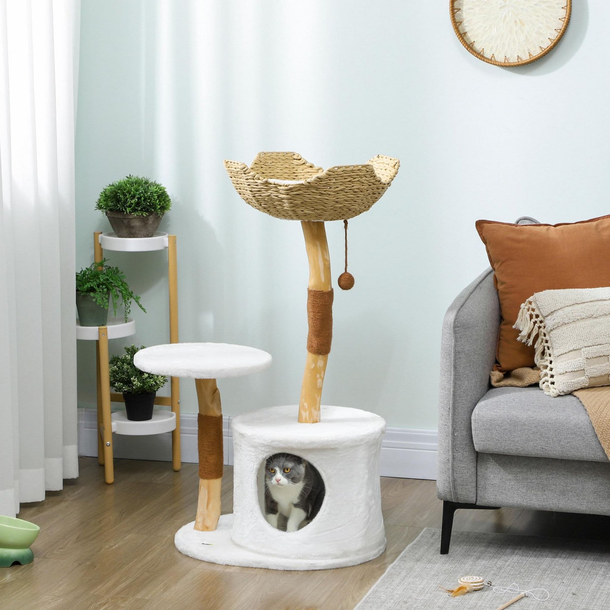 PAWHUT Arbre à chat bois design naturel griffoirs boule chanvre panier observation tressé coussin niche