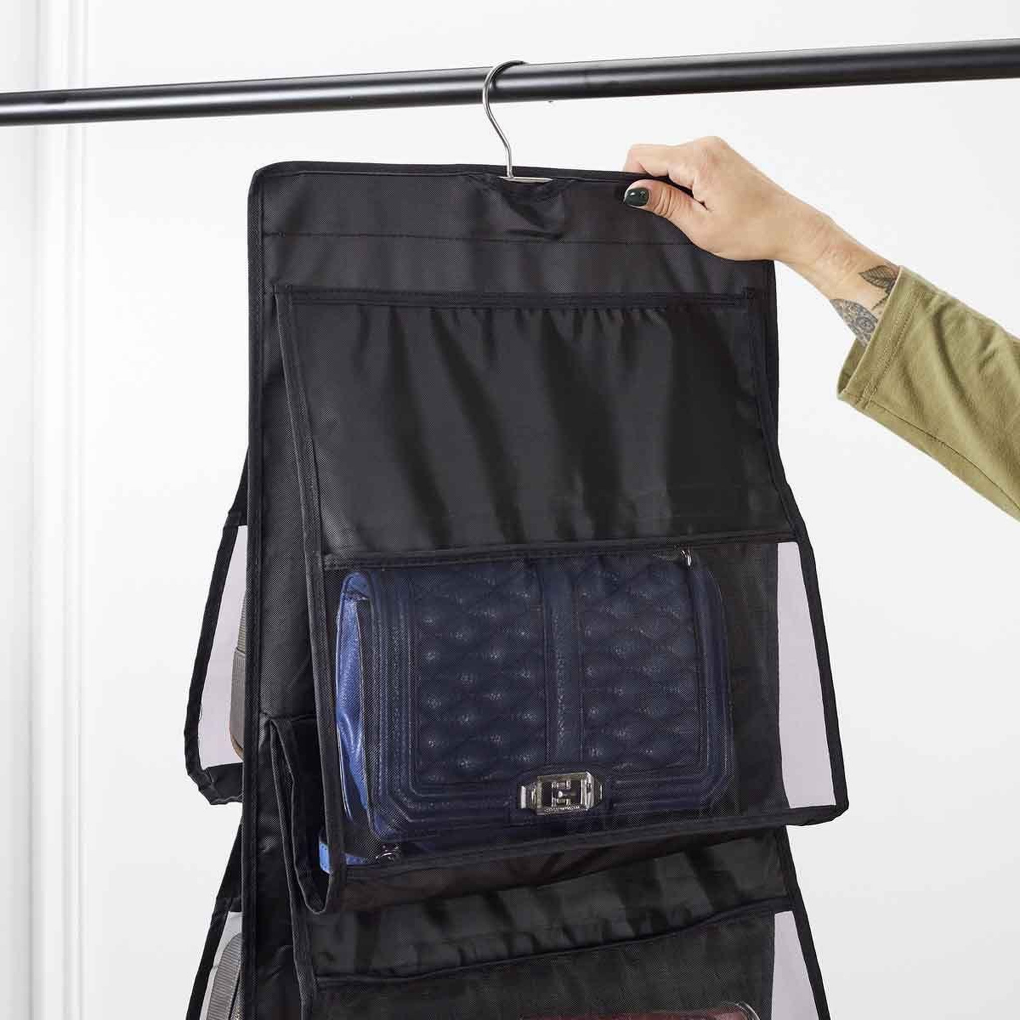 Voir la diapositive 2 : Je cherche une idee Rangement à Suspendre  6 Sacs à Main  83cm Noir