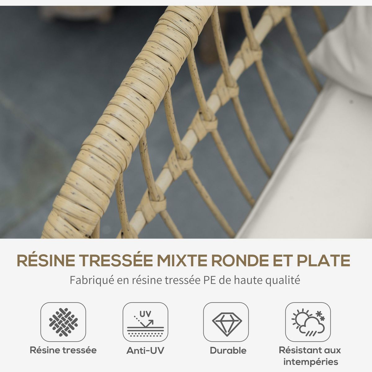 OUTSUNNY Salon de jardin 4 pers. 4 pièces style exotique métal époxy noir résine imitation bambou coussins grand confort inclus polyester beige