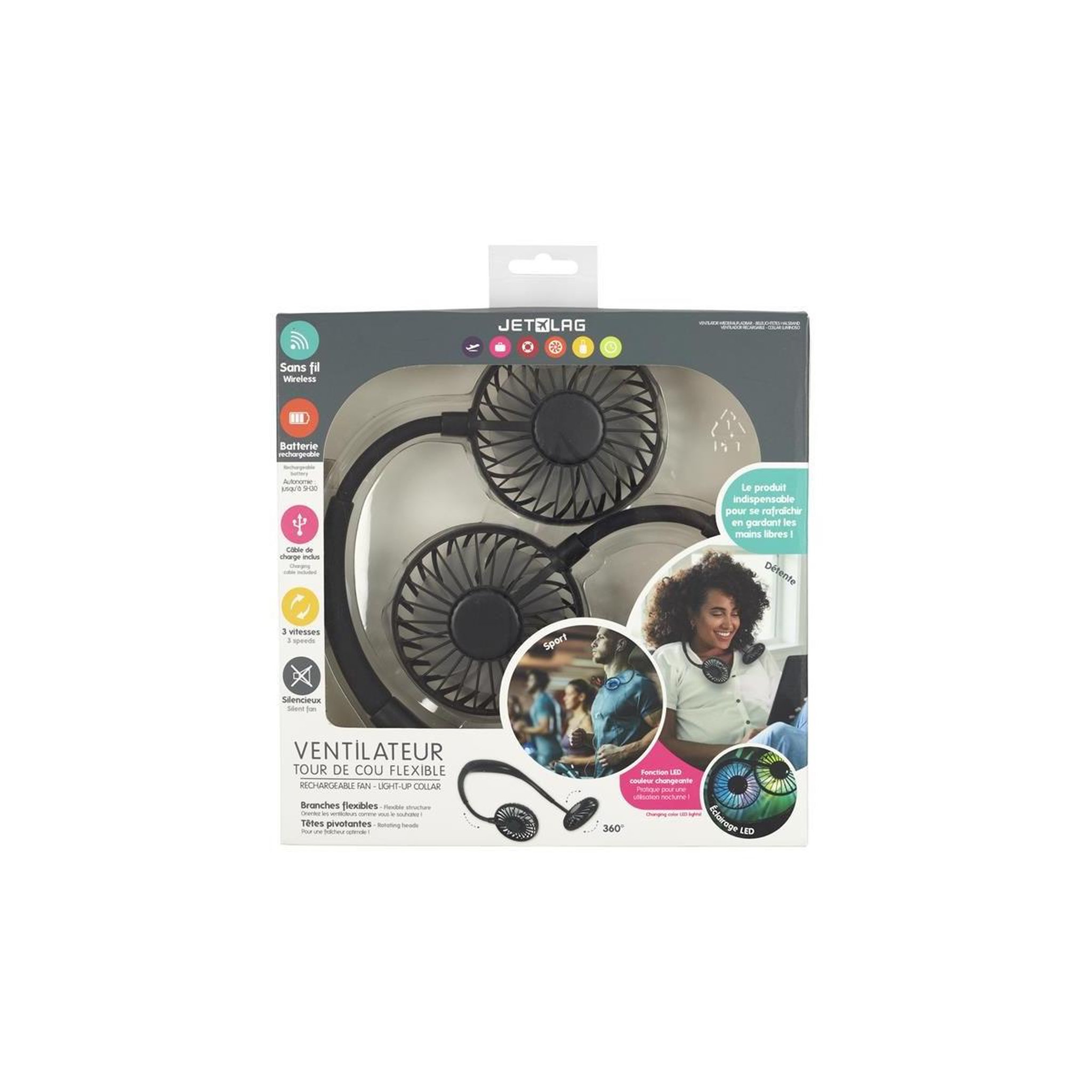 Voir la diapositive 4 : JET LAG Ventilateur rechargeable  tour de cou  26cm noir