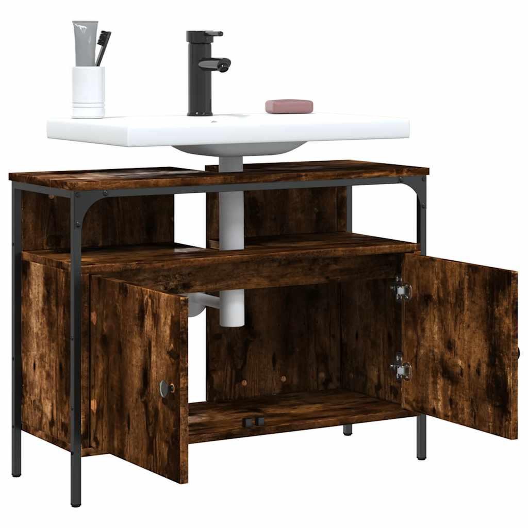 Voir la diapositive 4 : VIDAXL Armoire lavabo de salle de bain chene fume 80x30x60 cm