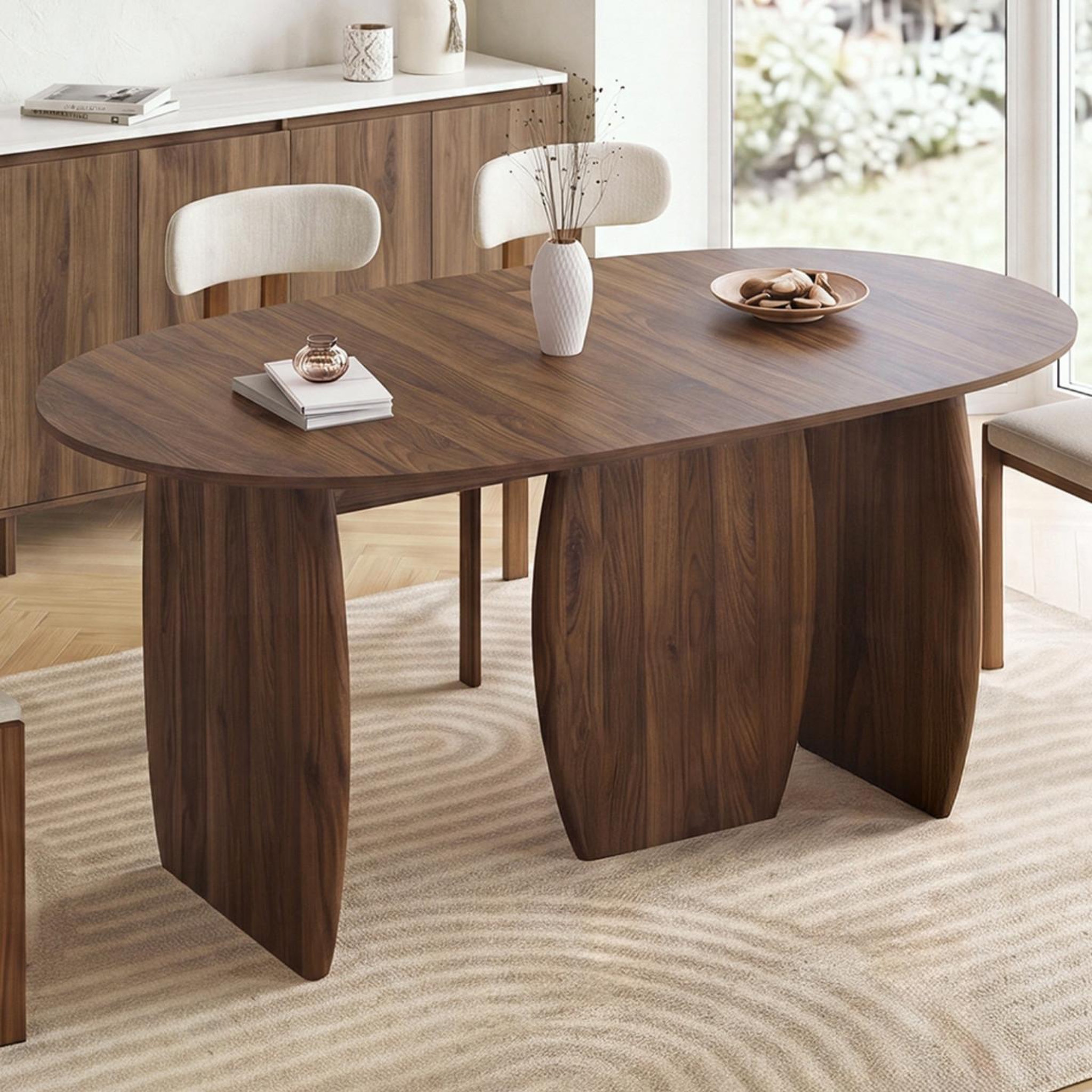 Voir la diapositive 5 : ID MARKET Table à manger extensible japandi ovale marilou 6-10 personnes 3 pieds noyer 160-200 cm