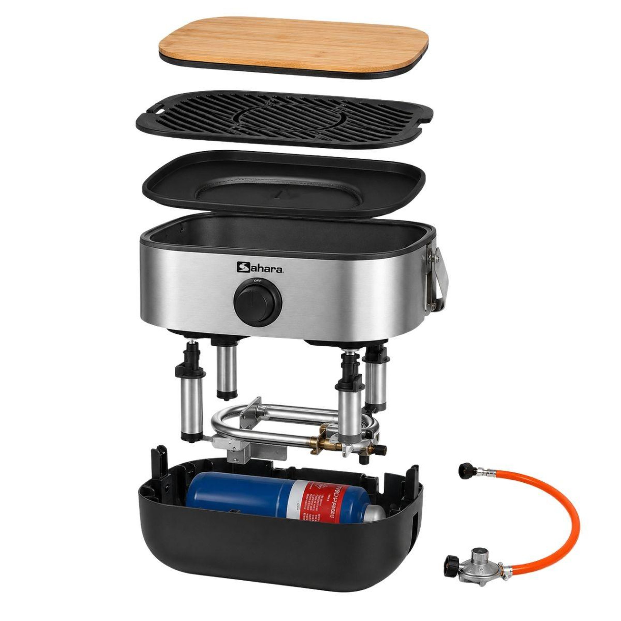 Voir la diapositive 3 : SAHARA Barbecue à gaz portable compact 2,7kw grille en fonte mini barbecue de table inox planche à découper bois 2 à 4 personnes sahara