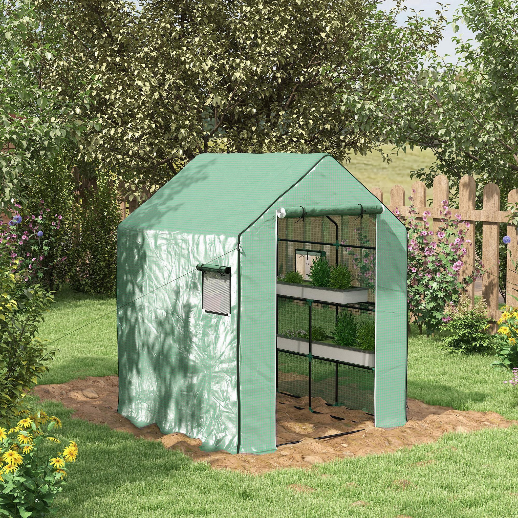 Voir la diapositive 2 : OUTSUNNY Serre de jardin 4 tablettes dim. 1,4l x 1,43l x 1,9h m porte déroulante fenêtre acier pe haute densité vert