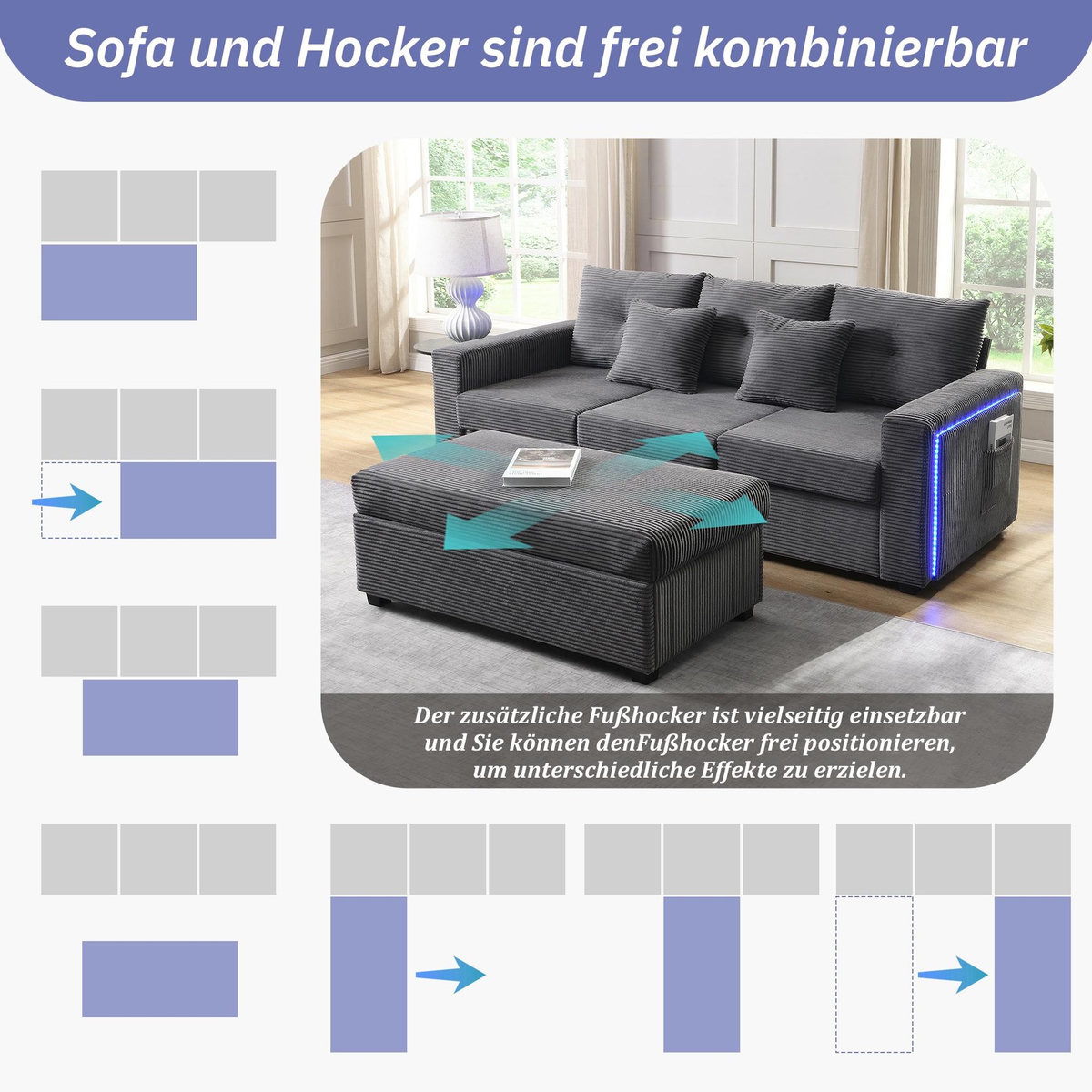 MERAX Canapé d‘angle réversible fixe 3 places tissu led