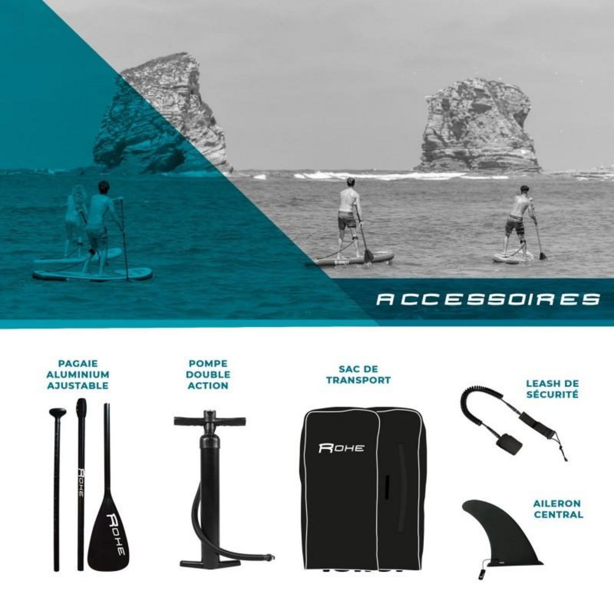 ROHE Stand Up Paddle Gonflable FLOWER ROHE - 10'6'' (320cm) 30'' (76cm) 6'' (15cm) avec Pompe, Pagaie, Leash et Sac de transport