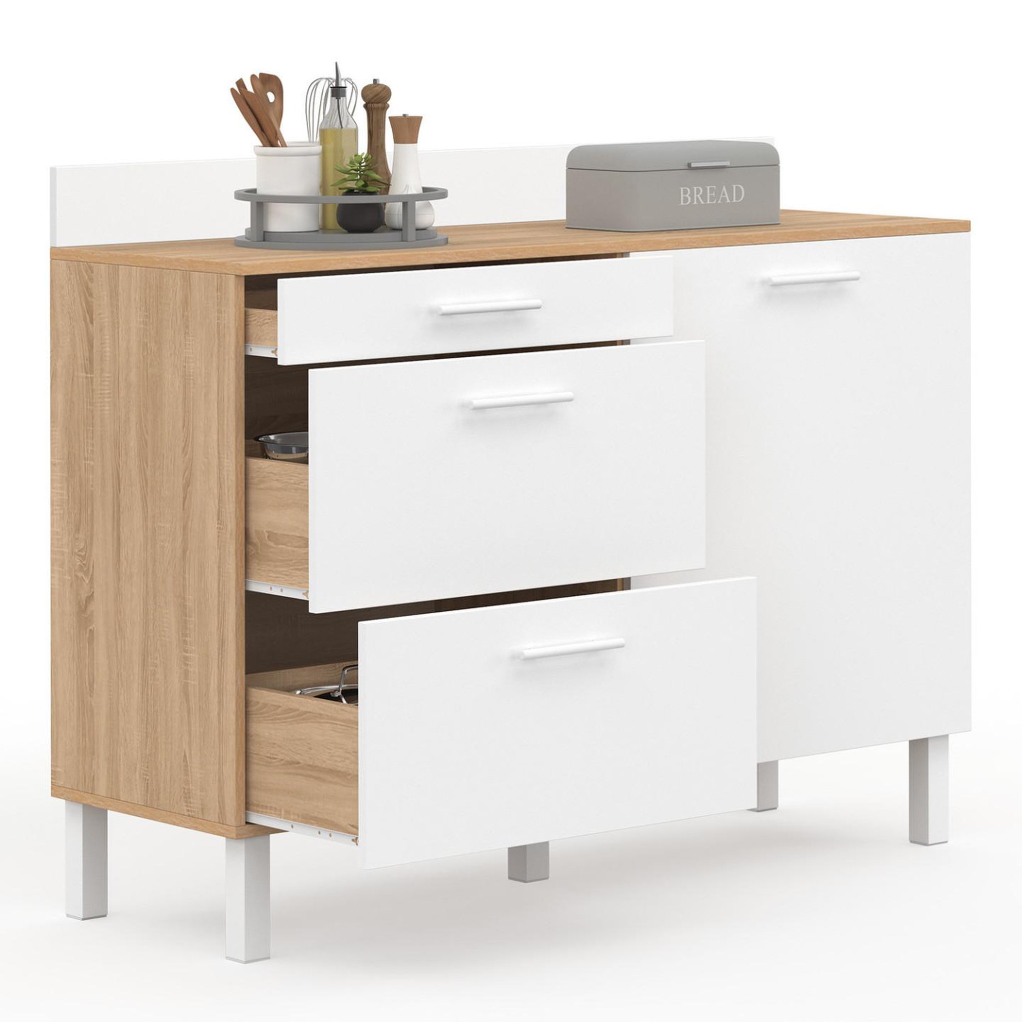 ID MARKET Buffet bas de cuisine 120 cm casserolier cina plan de travail h.83 cm 1 porte + 3 tiroirs façon hêtre et blanc