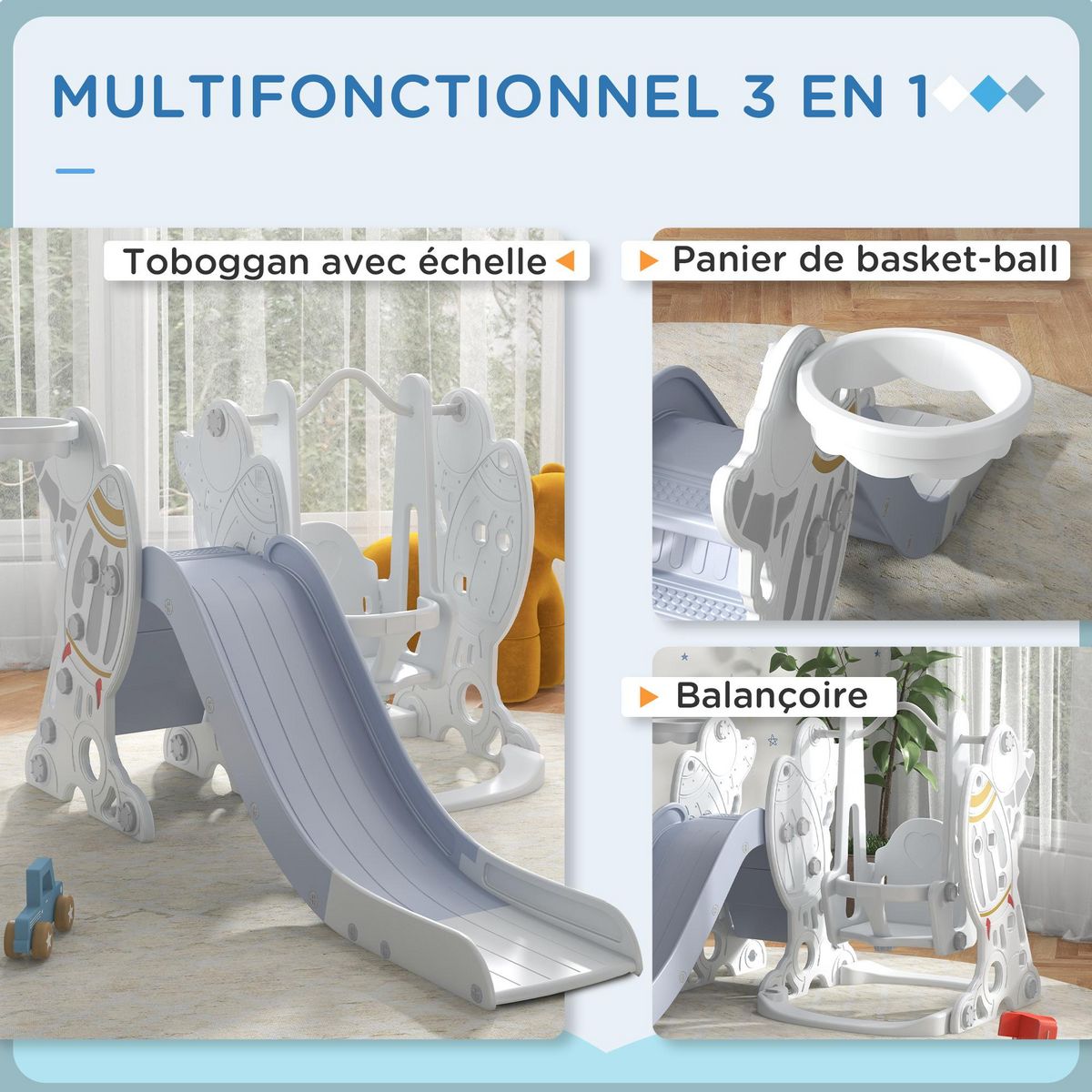 HOMCOM Portique enfant toboggan et balançoire avec panier de basket-ball - aire de jeux 3 en 1 - usage intérieur extérieur - blanc gris