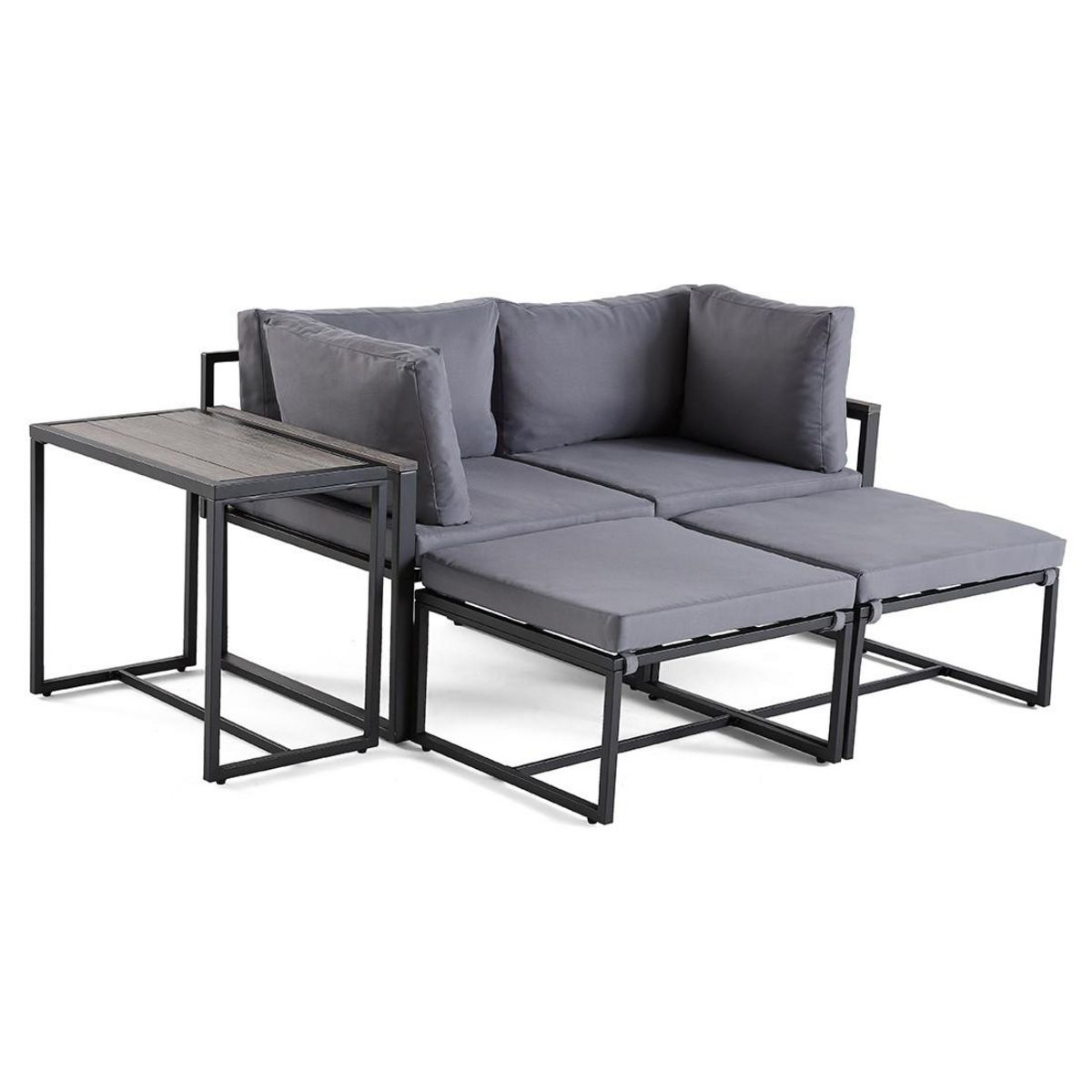 BEST MOBILIER Beyla – salon de jardin modulable en acier noir - 4 places - coussins gris