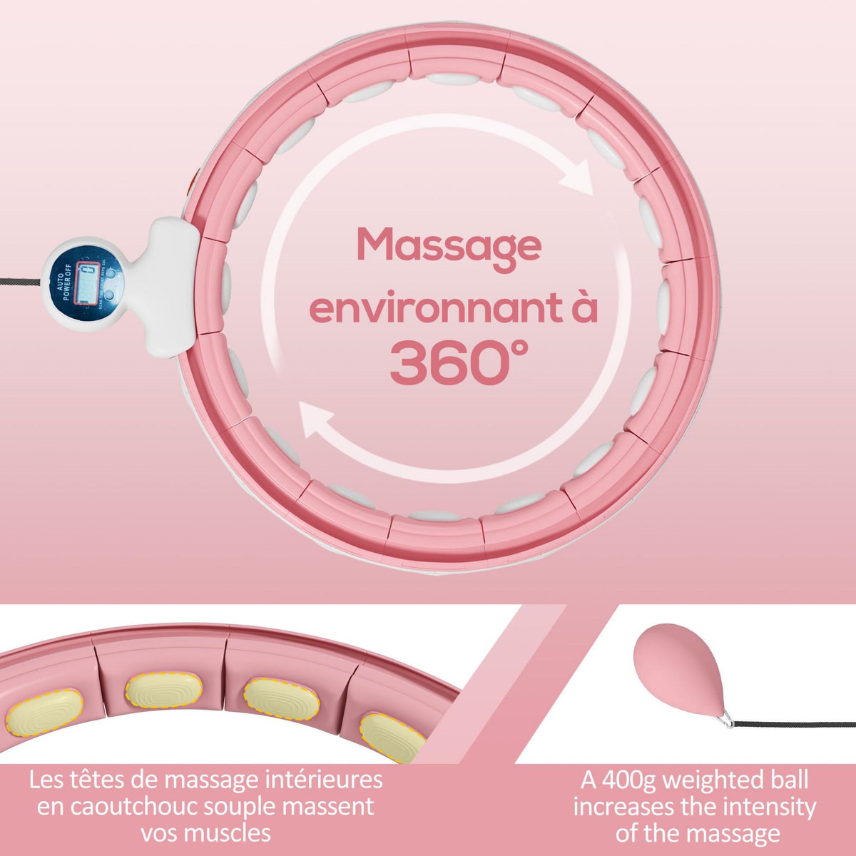 HOMCOM Hula Hoop fitness réglable dia. 76-113 cm - picots massage intégrés, segments amovibles - blanc rose