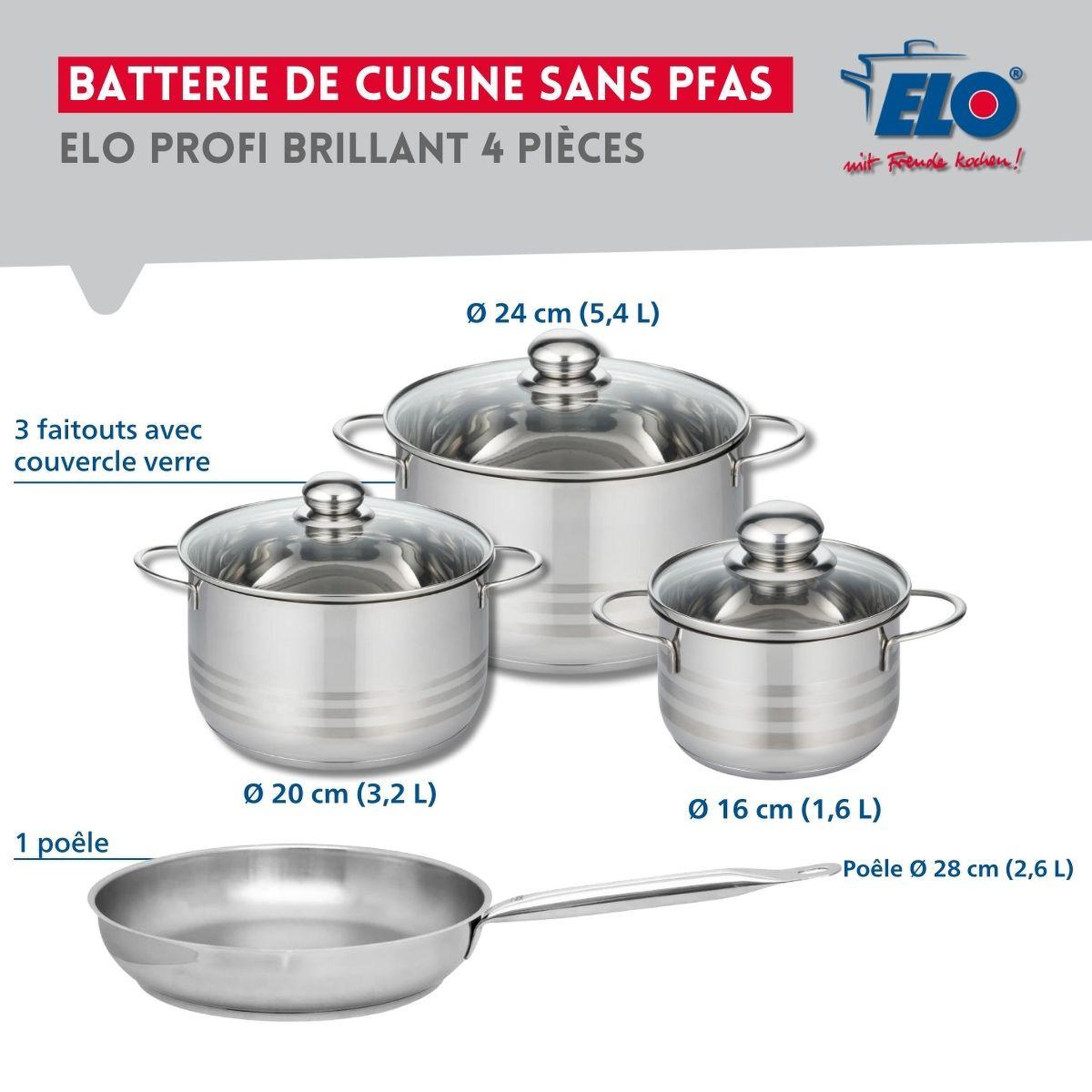 Voir la diapositive 2 : ELO Ensemble de 1 poêle de cuisson 28 cm et 3 faitouts 16, 20 et 24 cm elo profi brillant