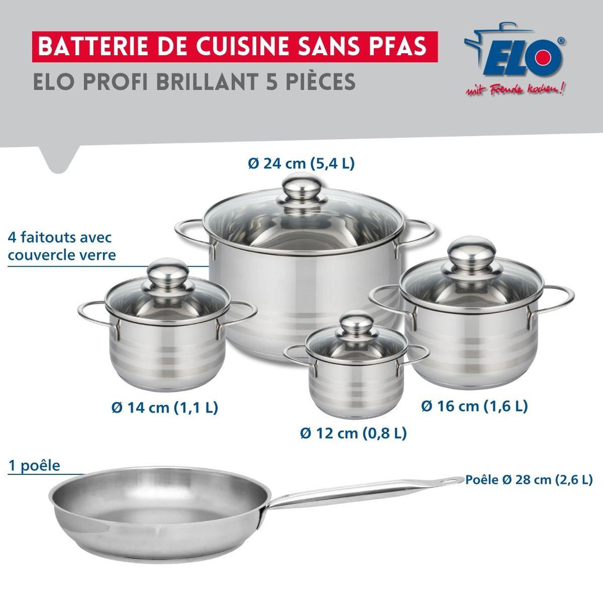 Voir la diapositive 2 : ELO Ensemble de 1 poêle de cuisson 28 cm et 4 faitouts 12, 14, 16 et 24 cm elo profi brillant