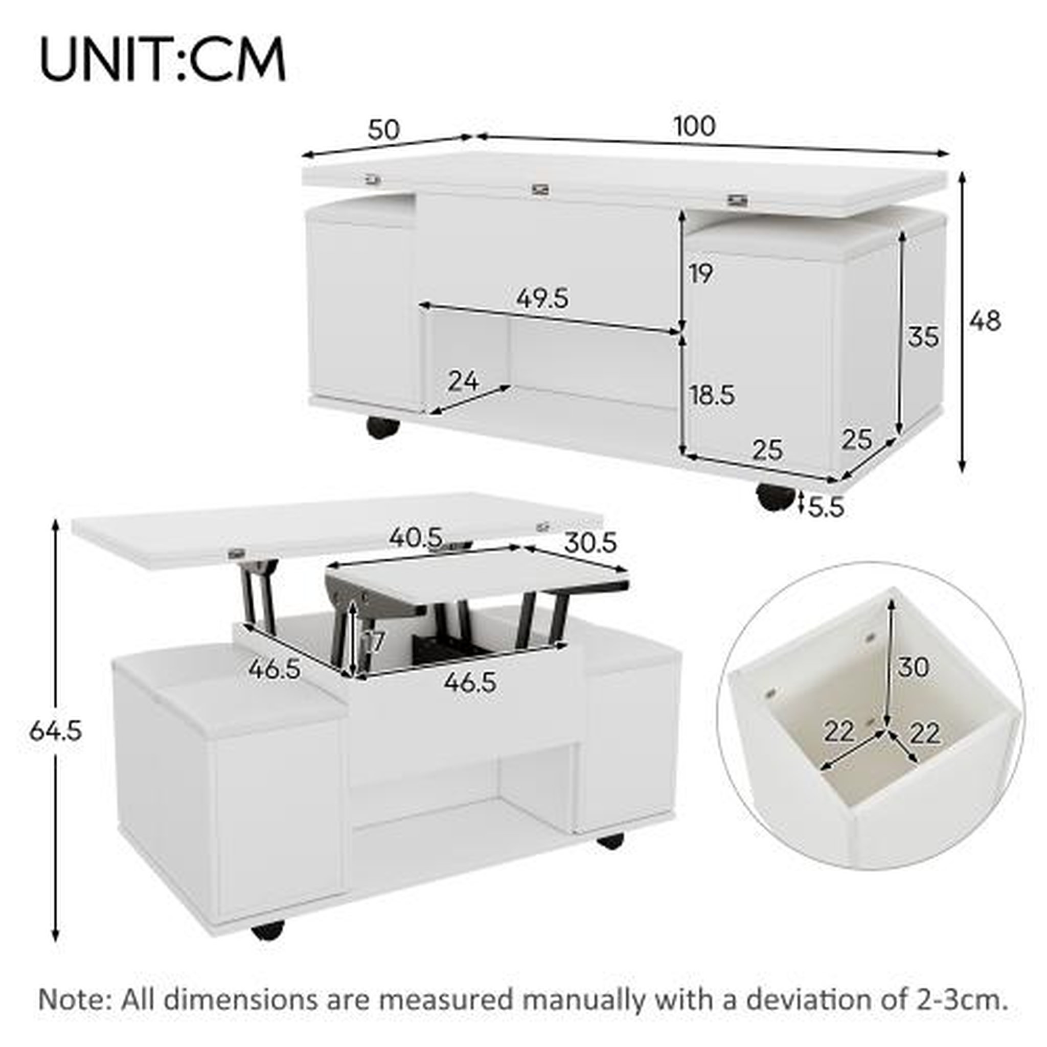 Voir la diapositive 3 : MERAX Table basse relevable rectangulaire en panneaux de particules avec 4 chaises et rangement,blanc