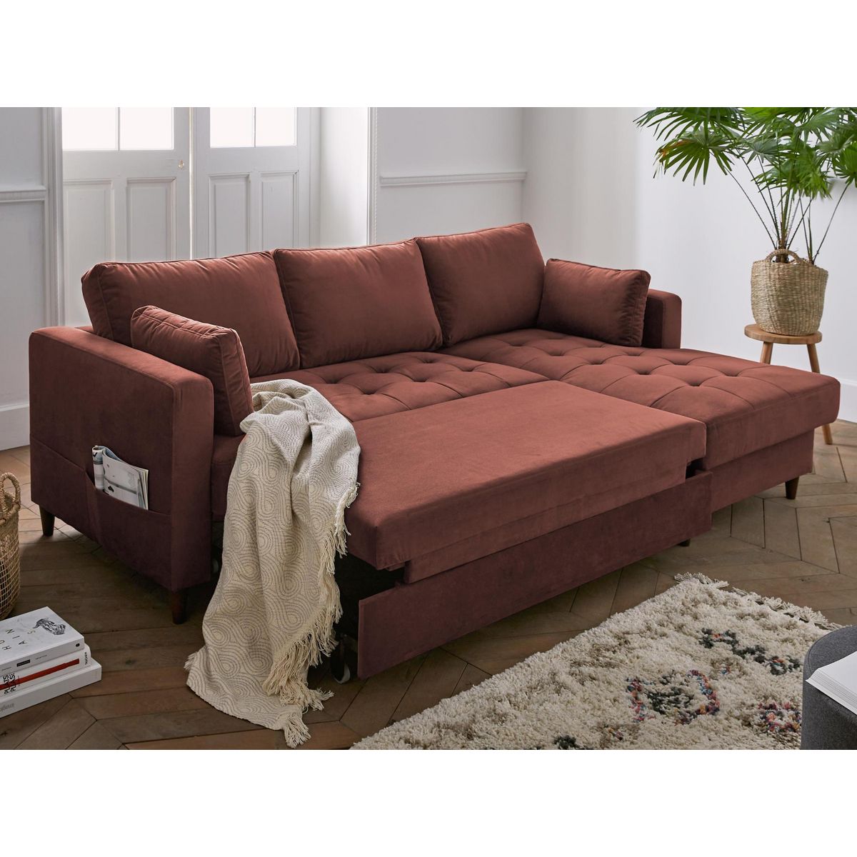 LISA DESIGN Anna - canapé d'angle droit - 4 places - convertible avec coffre - en velours