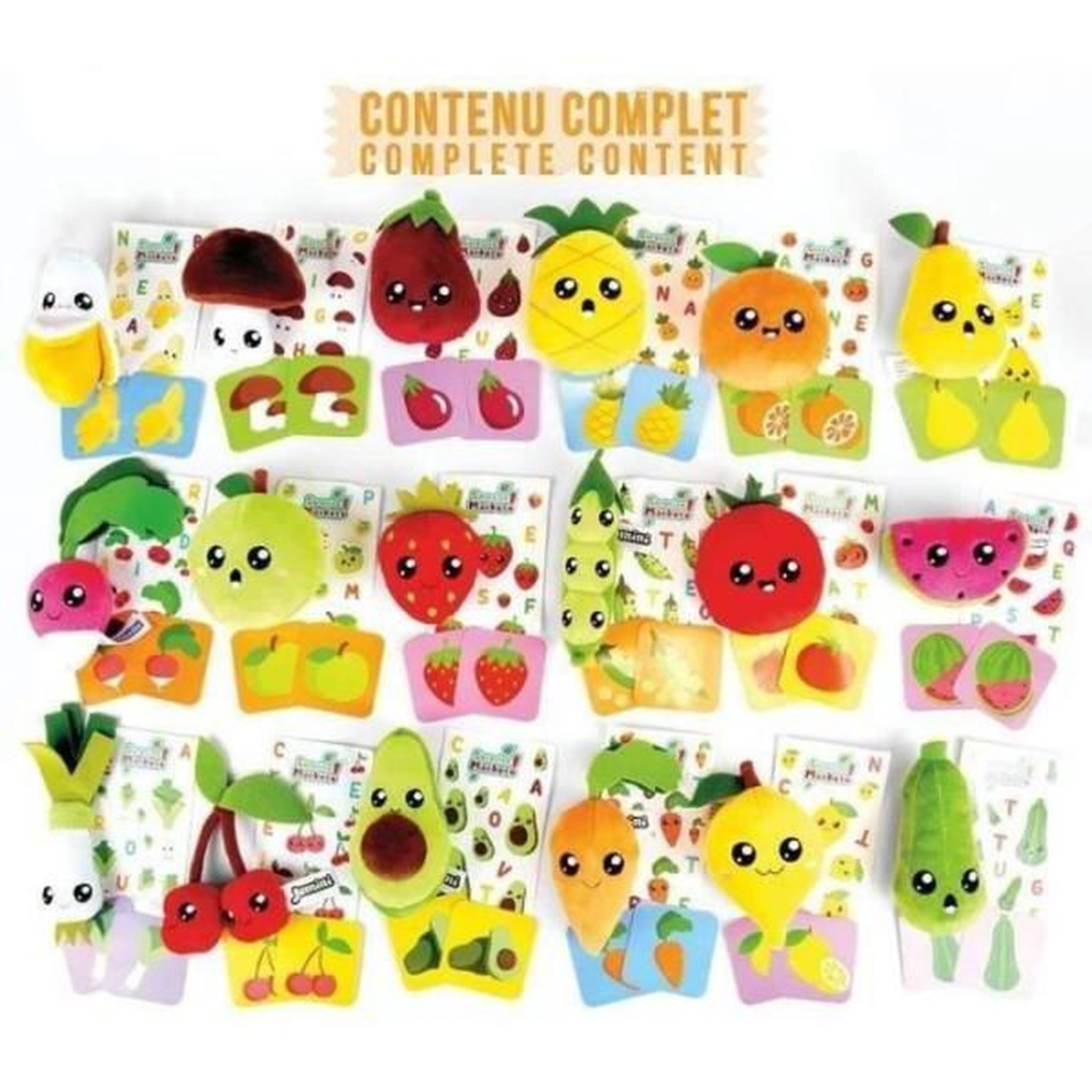 Voir la diapositive 4 : JEMINI Lot de 18 pochettes surprises - JEMINI - Surprise Market - Peluche fruits ou légumes +/- 10 cm, stickers et cartes mémo
