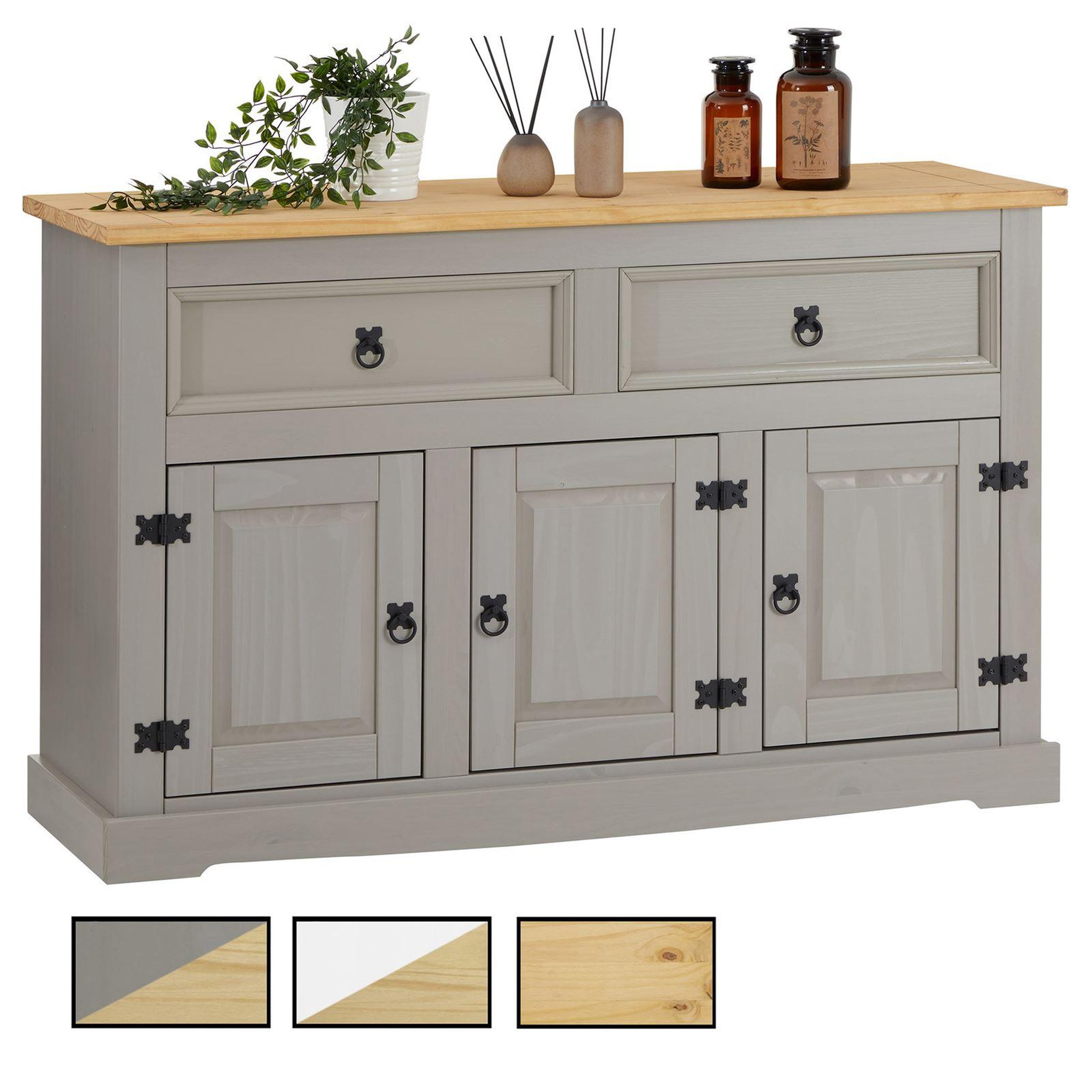 IDIMEX Buffet en pin TEQUILA, 2 tiroirs et 3 portes, en pin massif. Coloris disponibles : Bicolore