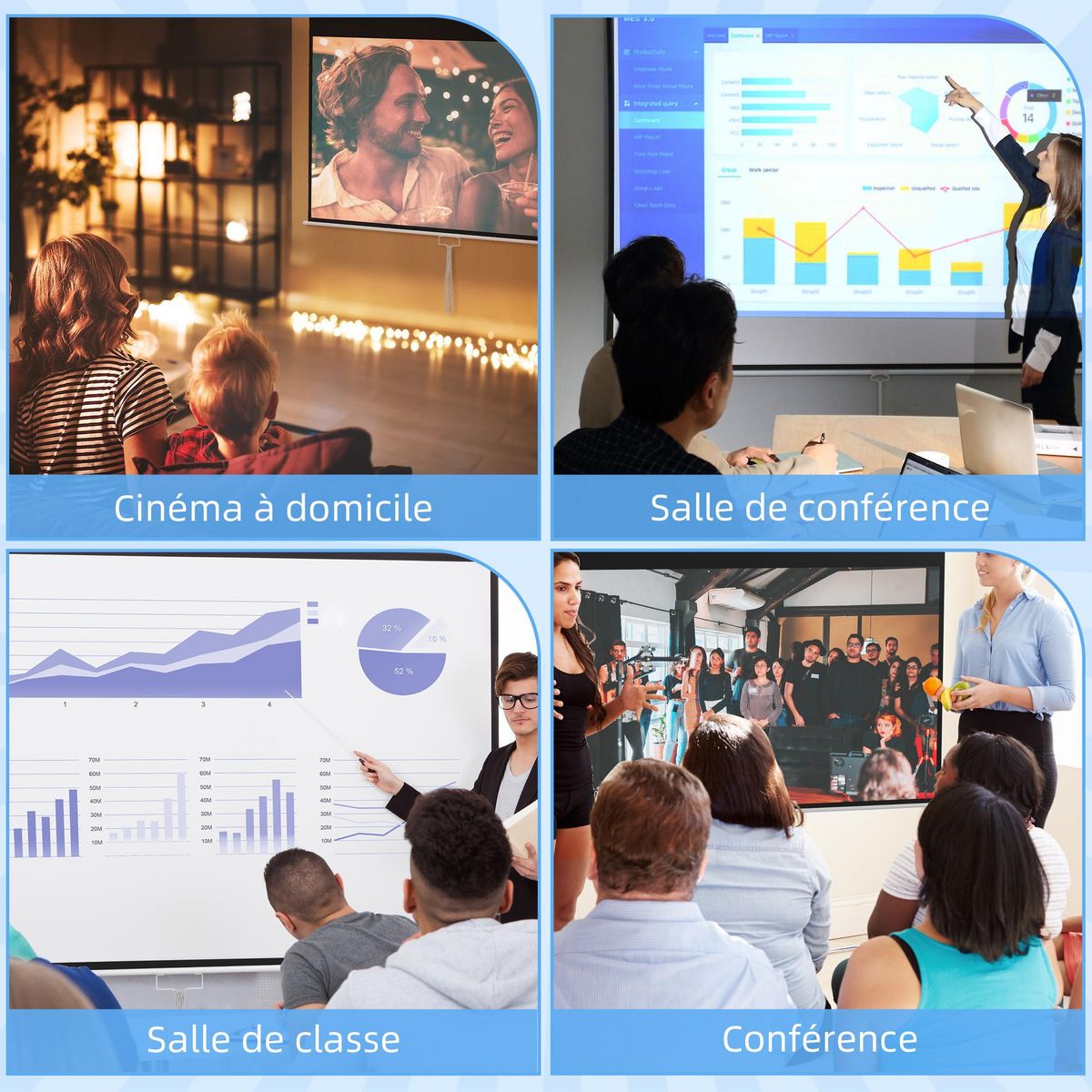 HOMCOM Écran de projection home-cinéma TV format 16:9 120 pouces 4K HD métal PVC blanc