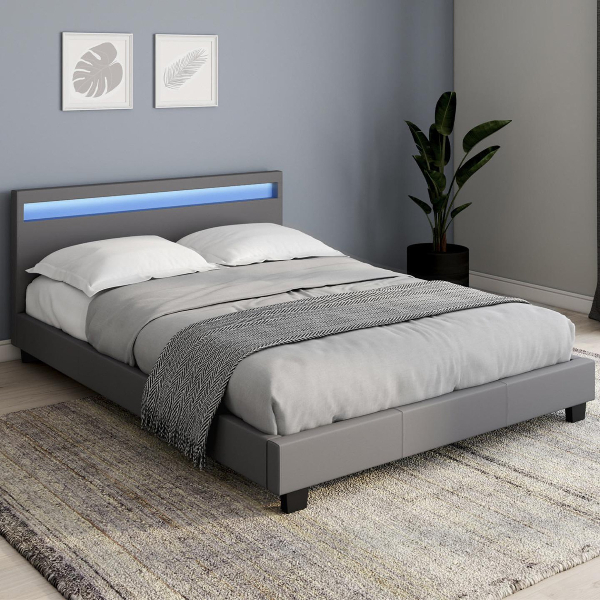 Voir la diapositive 2 : ID MARKET Lit double neo avec tête de lit led intégrées et sommier 140 x 190 cm pvc gris