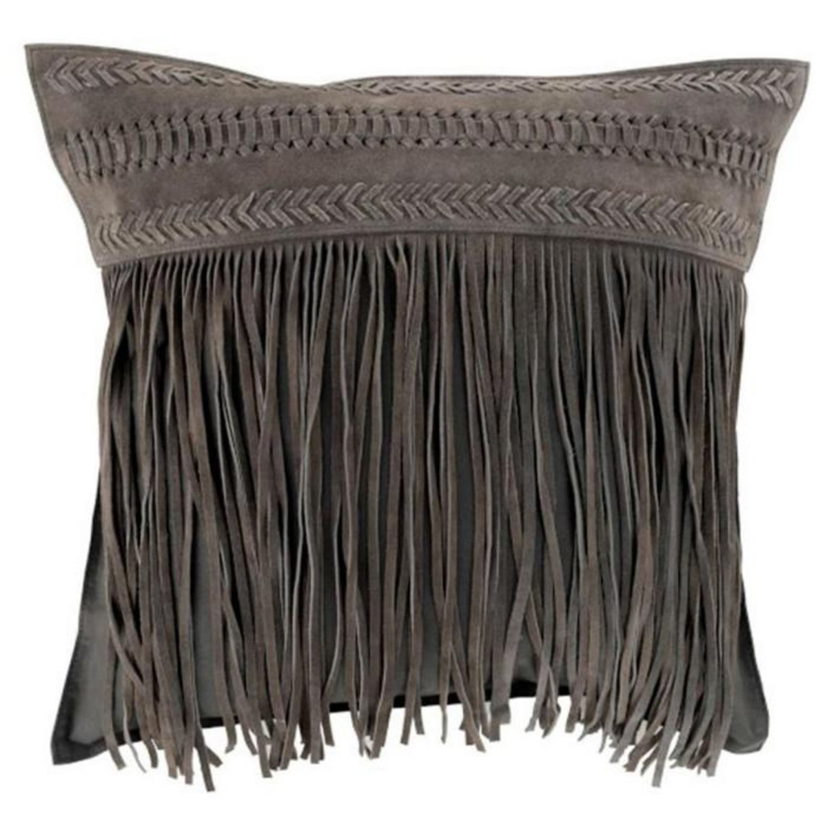 Paris Prix Coussin à Franges en Cuir  India  45cm Gris