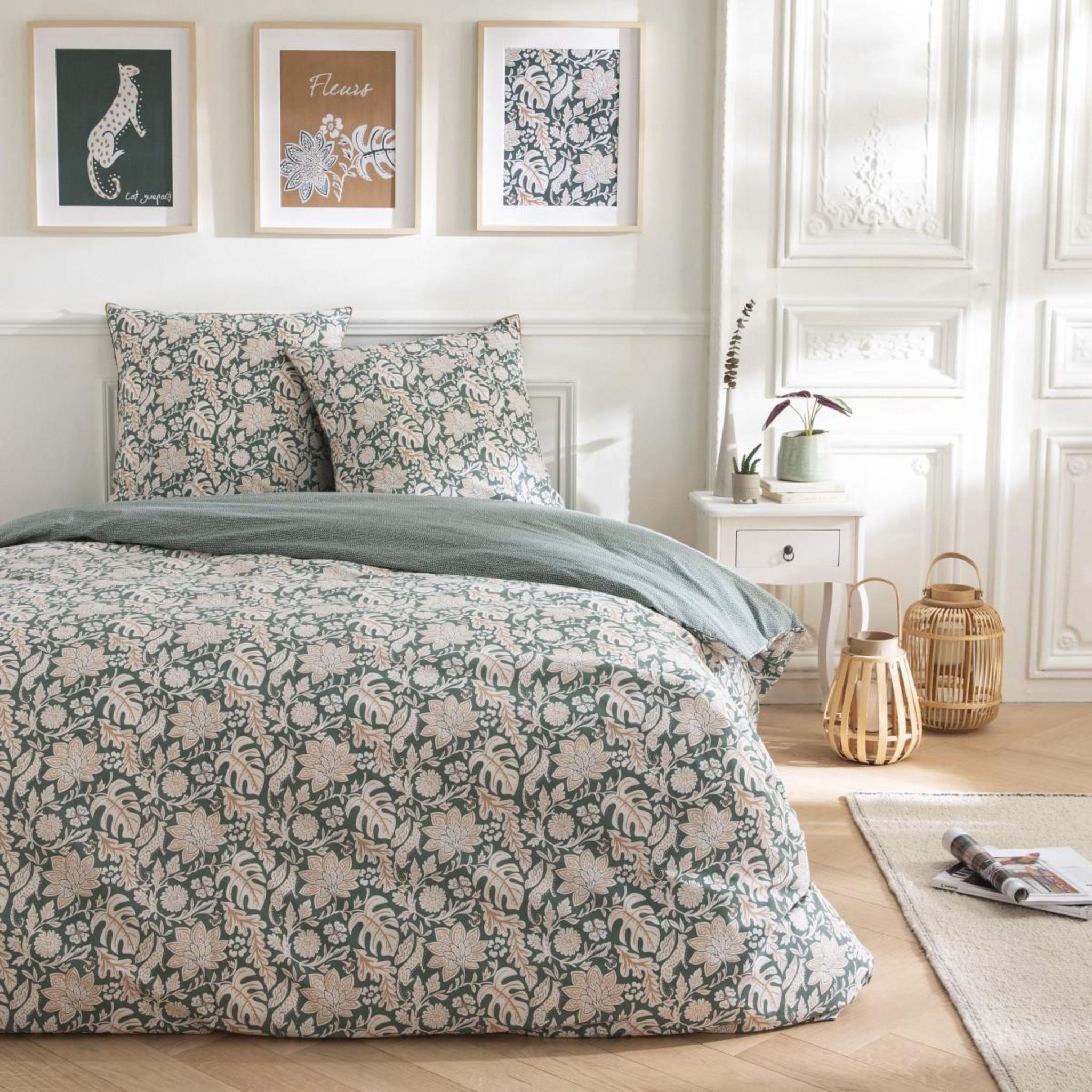 FUTURE HOME Parure de lit 2 personnes en coton 57 fils imprimé vert. Coloris disponibles : Vert