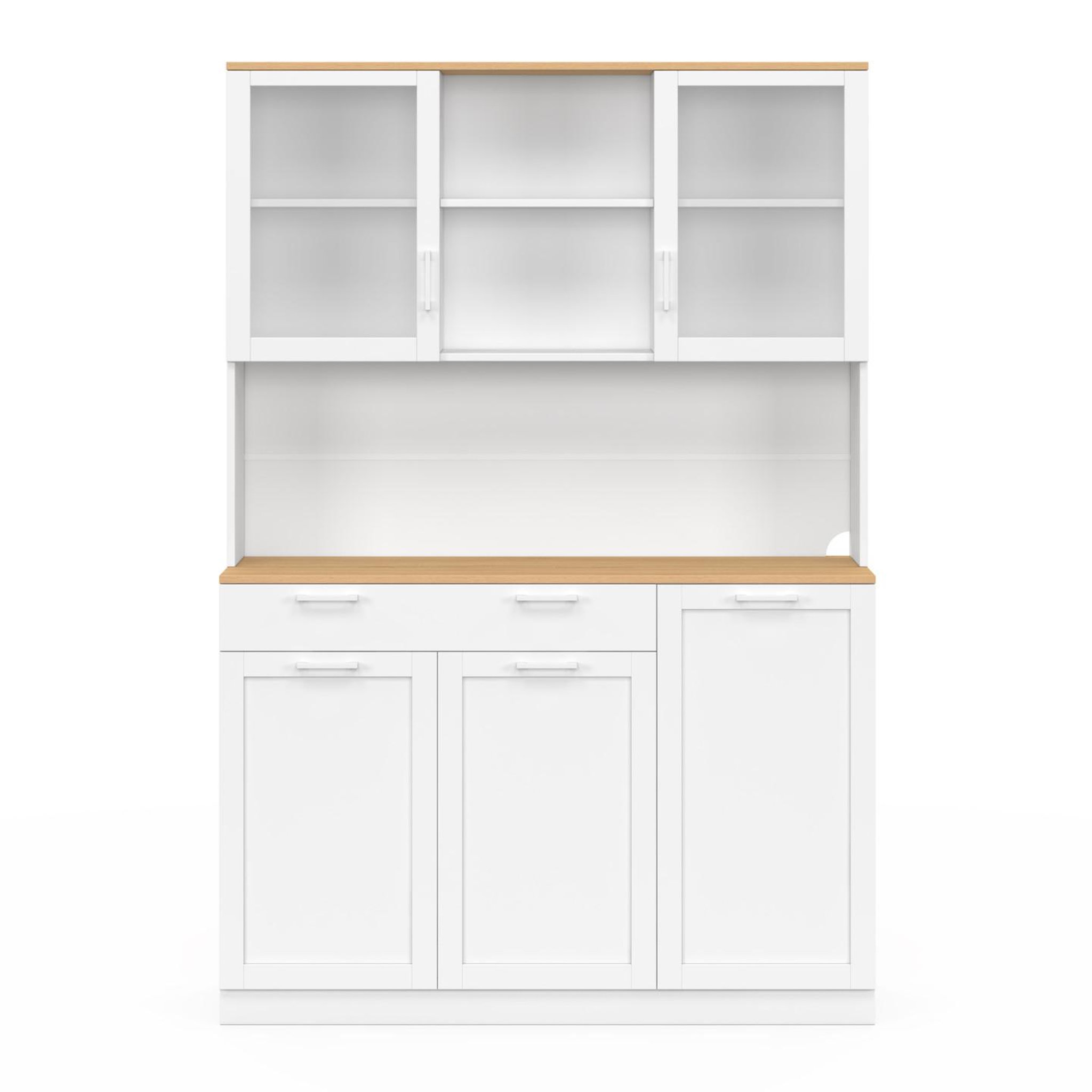 Voir la diapositive 3 : ID MARKET Buffet de cuisine vitré 120 cm vito 5 portes + 1 tiroir blanc et plateau façon hêtre