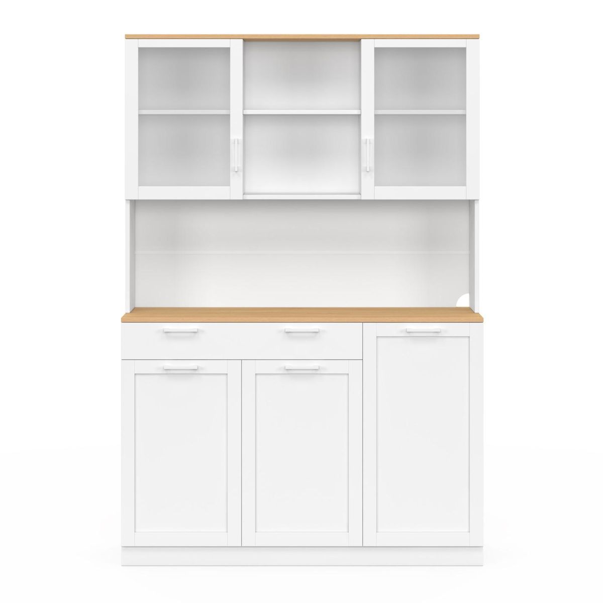 ID MARKET Buffet de cuisine vitré 120 cm VITO 5 portes + 1 tiroir blanc et plateau façon hêtre