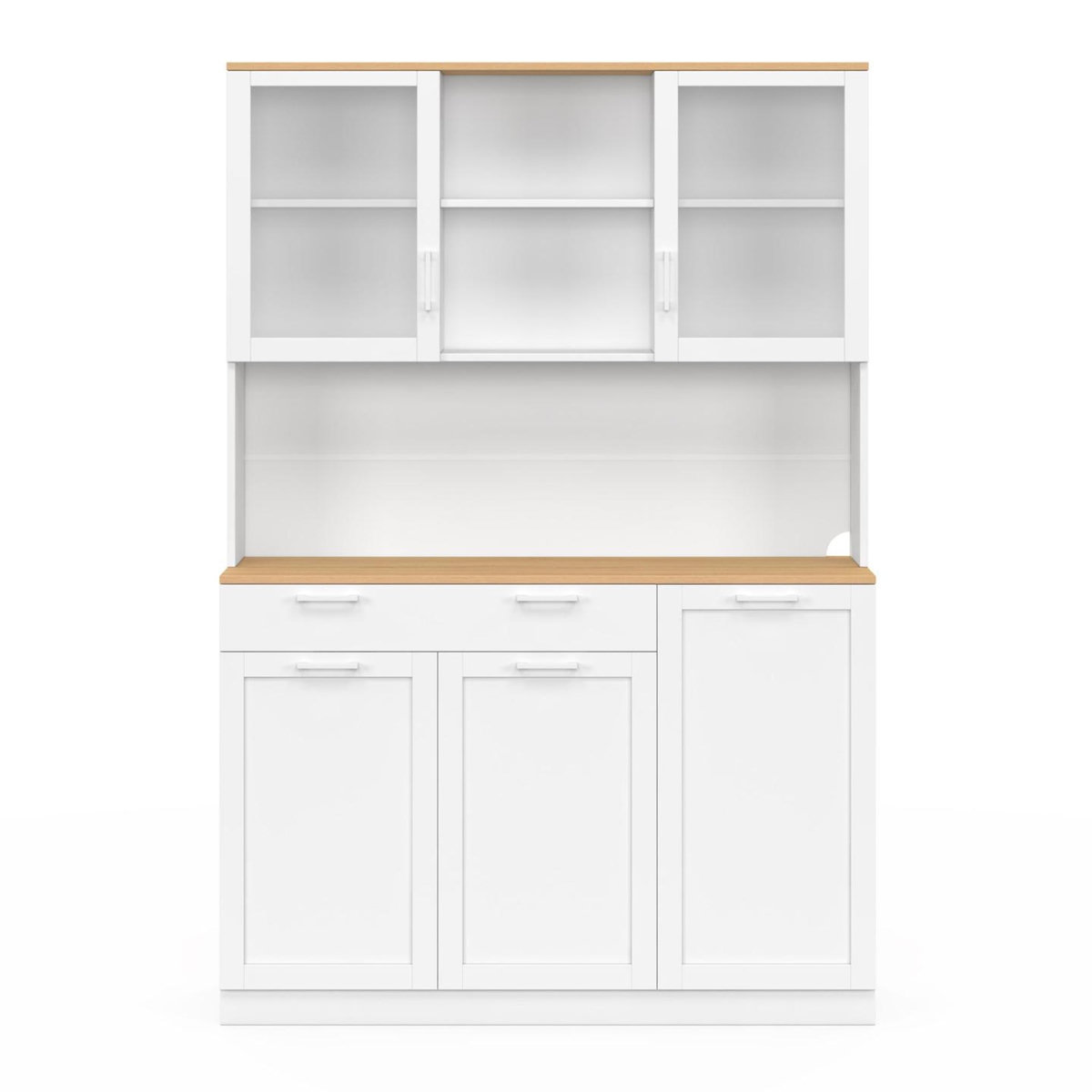 ID MARKET Buffet de cuisine vitré 120 cm VITO 5 portes + 1 tiroir blanc et plateau façon hêtre