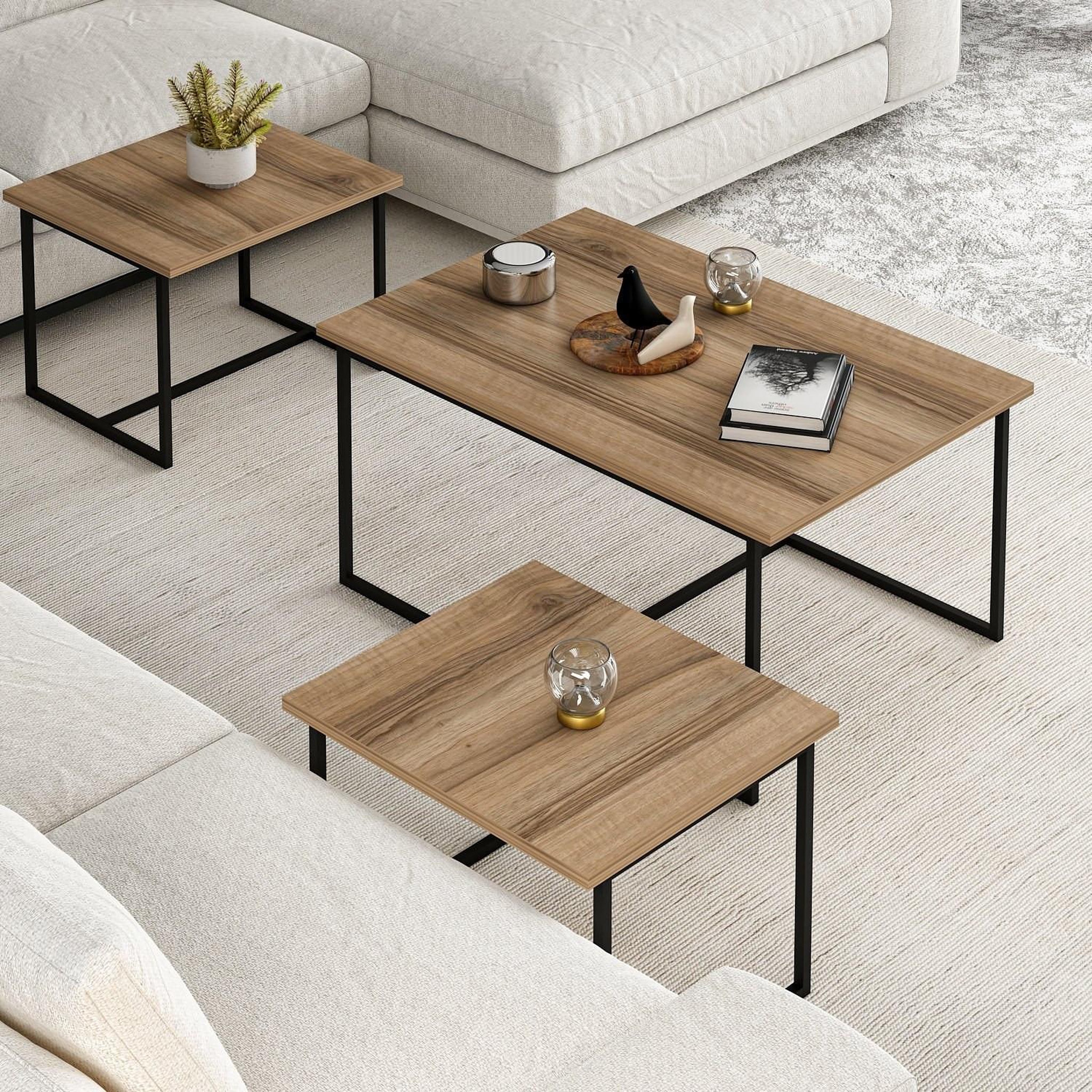 Voir la diapositive 4 : Habitat et Jardin Table gigogne (3 pièces) en bois  levada  - 90 x 60 x 42 cm - noyer