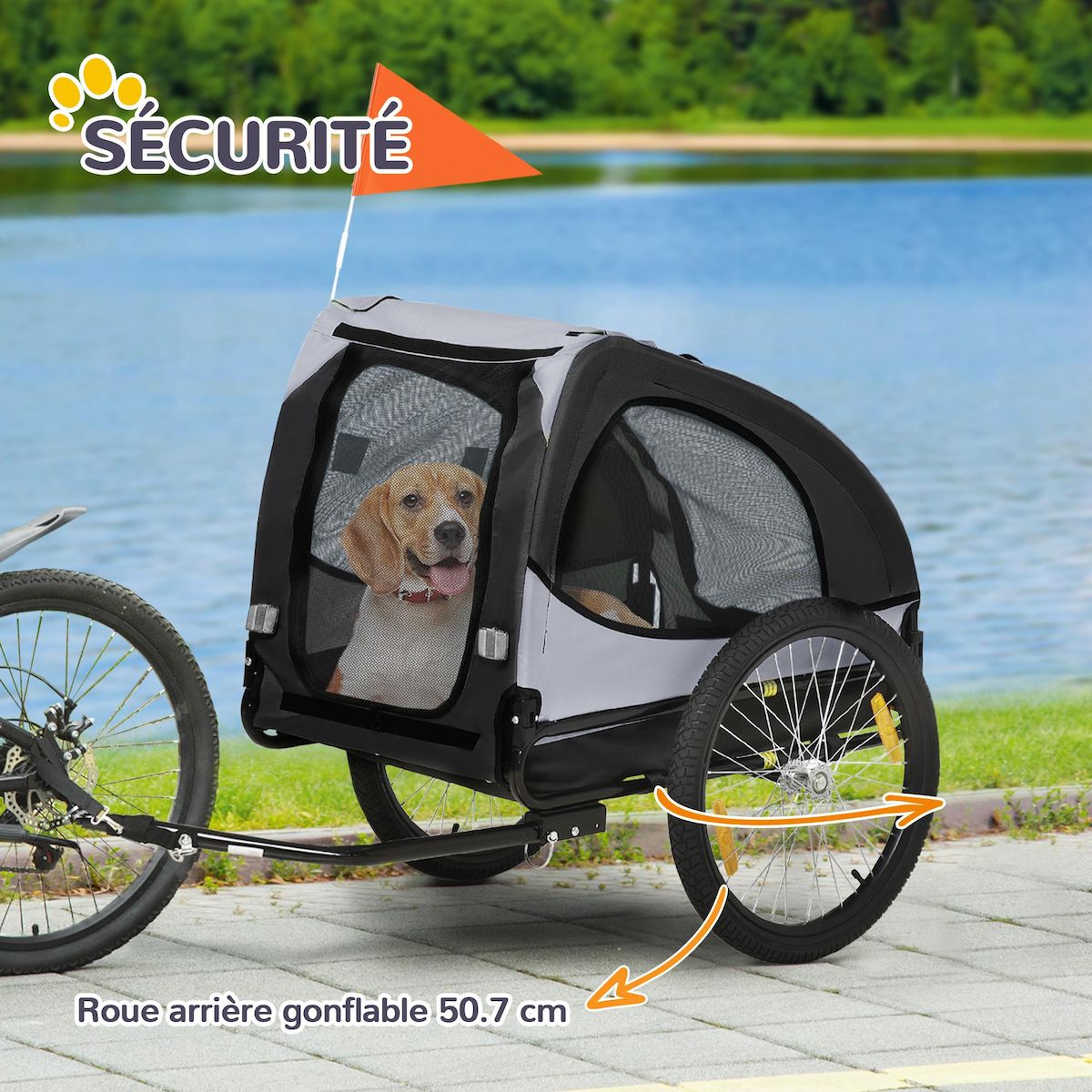 PAWHUT Remorque vélo pour chien 20 Kg pliable barre attelage fixation réflecteurs drapeau noir