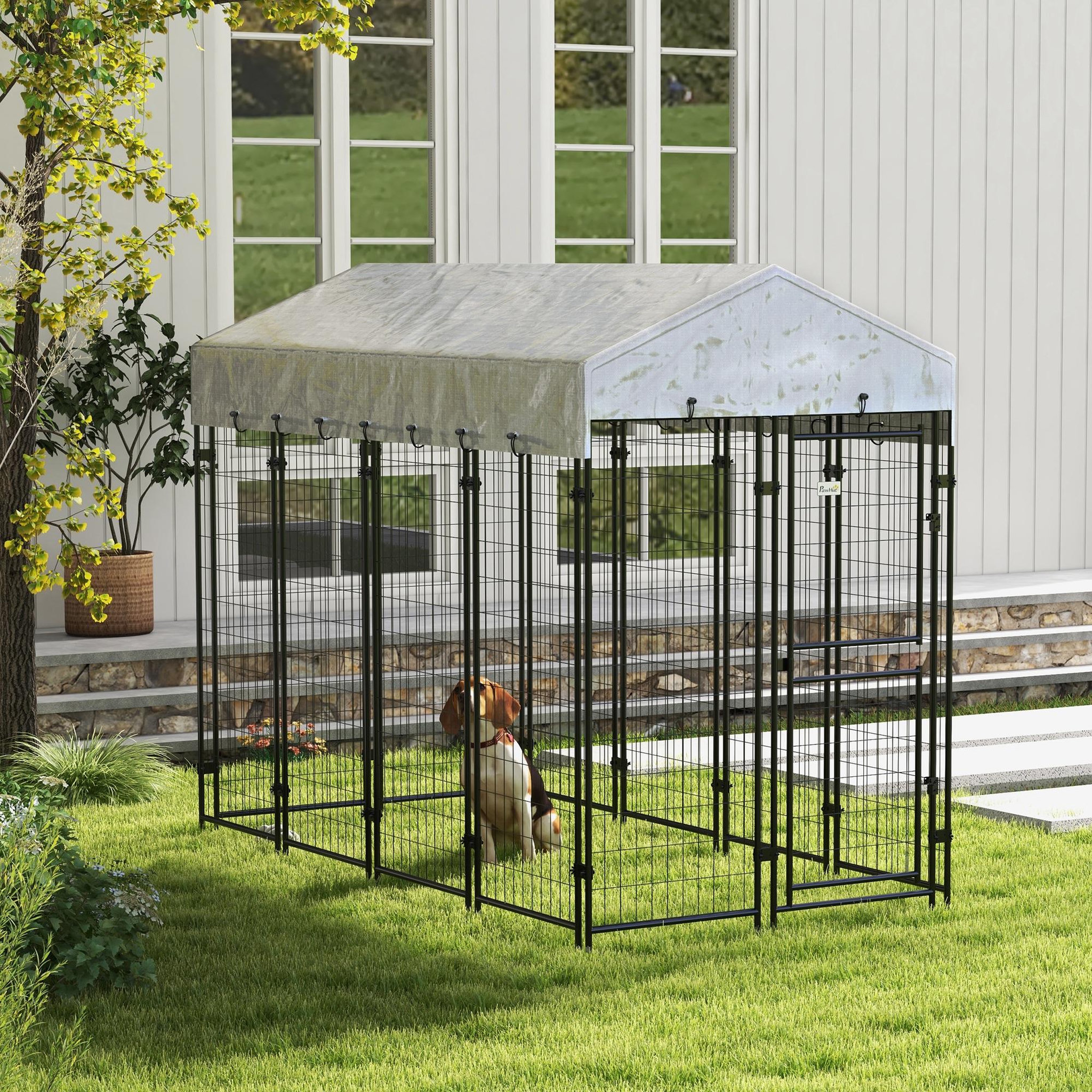 Voir la diapositive 2 : PAWHUT Chenil extérieur chien - cage chien - enclos chien - toile toit imperméable anti-uv, 2 portes verrouillables - acier noir pe gris