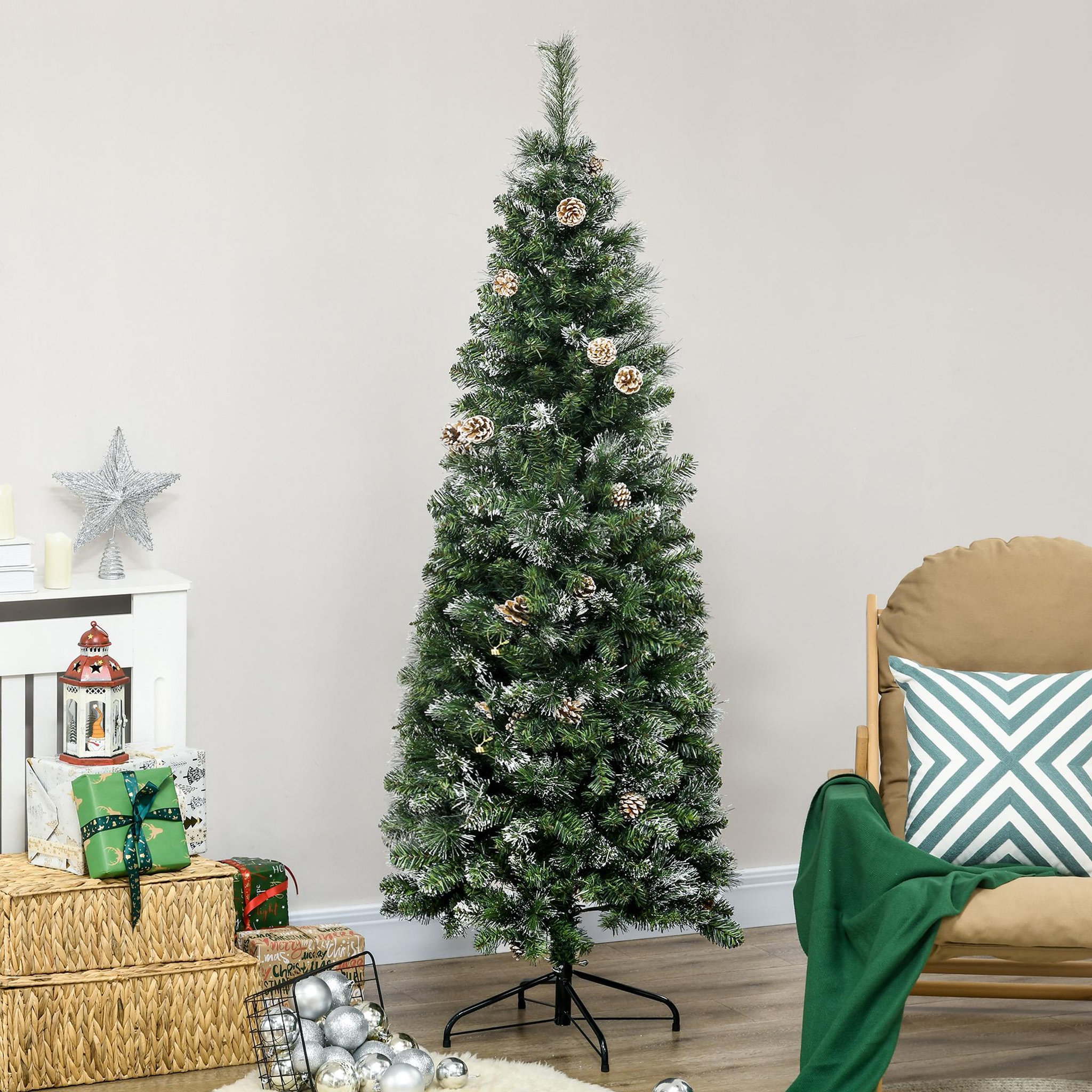 Voir la diapositive 2 : HOMCOM Sapin de noël artificiel aspect enneigé ø 65 x 180h cm 37 pommes de pin 618 branches épines imitation nordmann grand réalisme