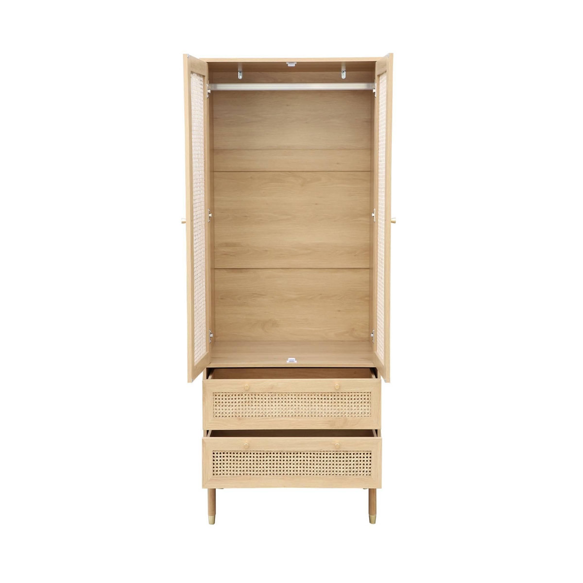 SWEEEK Dressing penderie JUDITH 2 portes 2 tiroirs cannage. poignées et pieds finition dorée. 80 x 50 x 180 cm