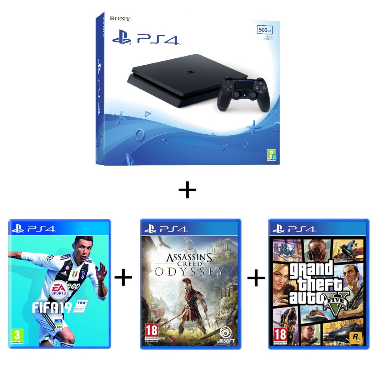 Console PS4 500Go + FIFA 19 + Assassin's Creed Odyssey + GTA V