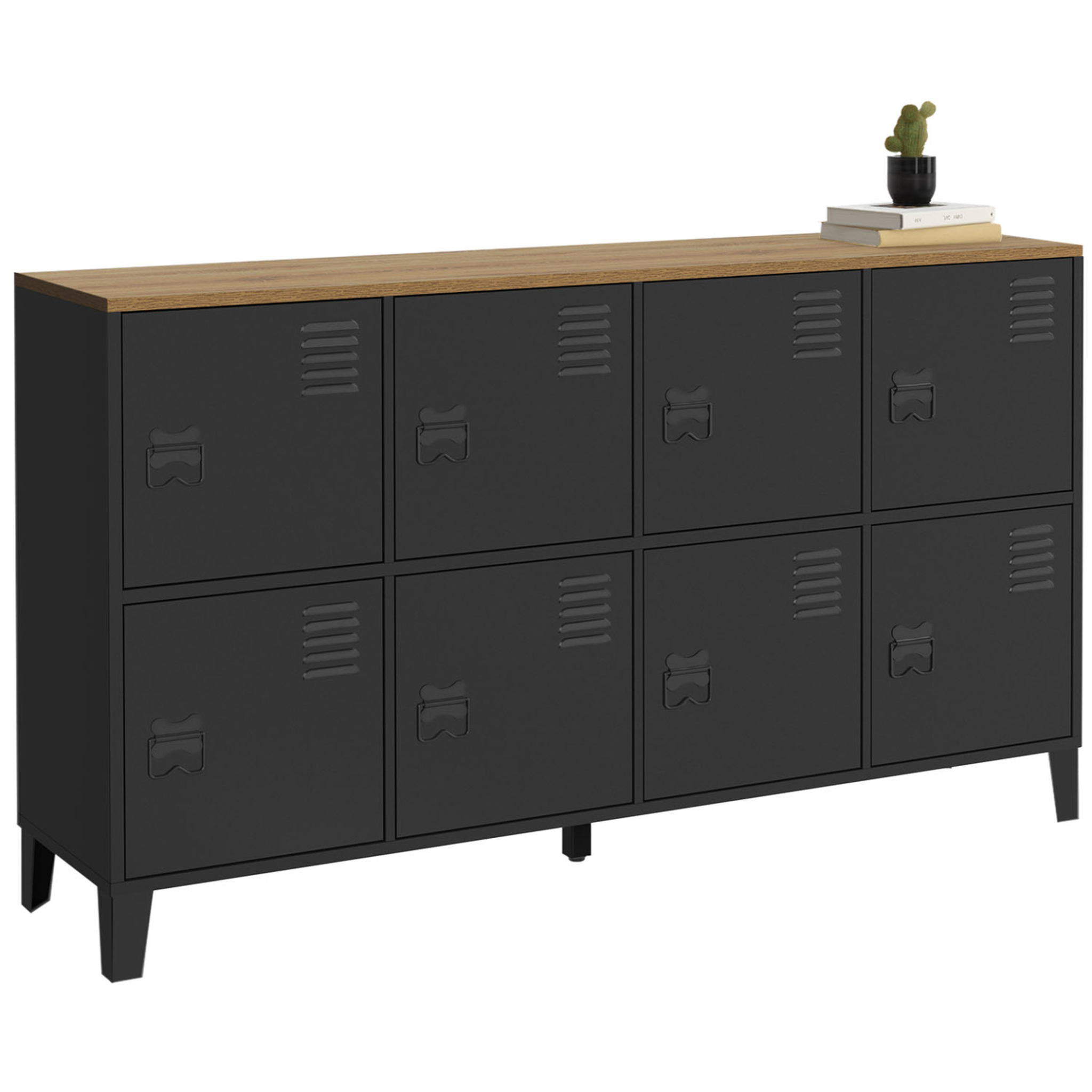 ID MARKET Buffet casier 139 cm ester 8 portes en métal noir plateau bois design industriel