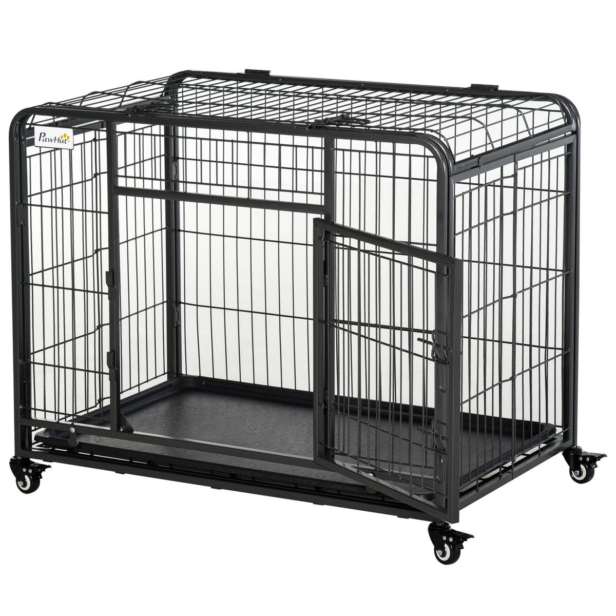 PAWHUT Cage pour chien pliable cage de transport sur roulettes 2 portes verrouillables plateau amovible dim. 125L x 76l x 81H cm métal gris noir