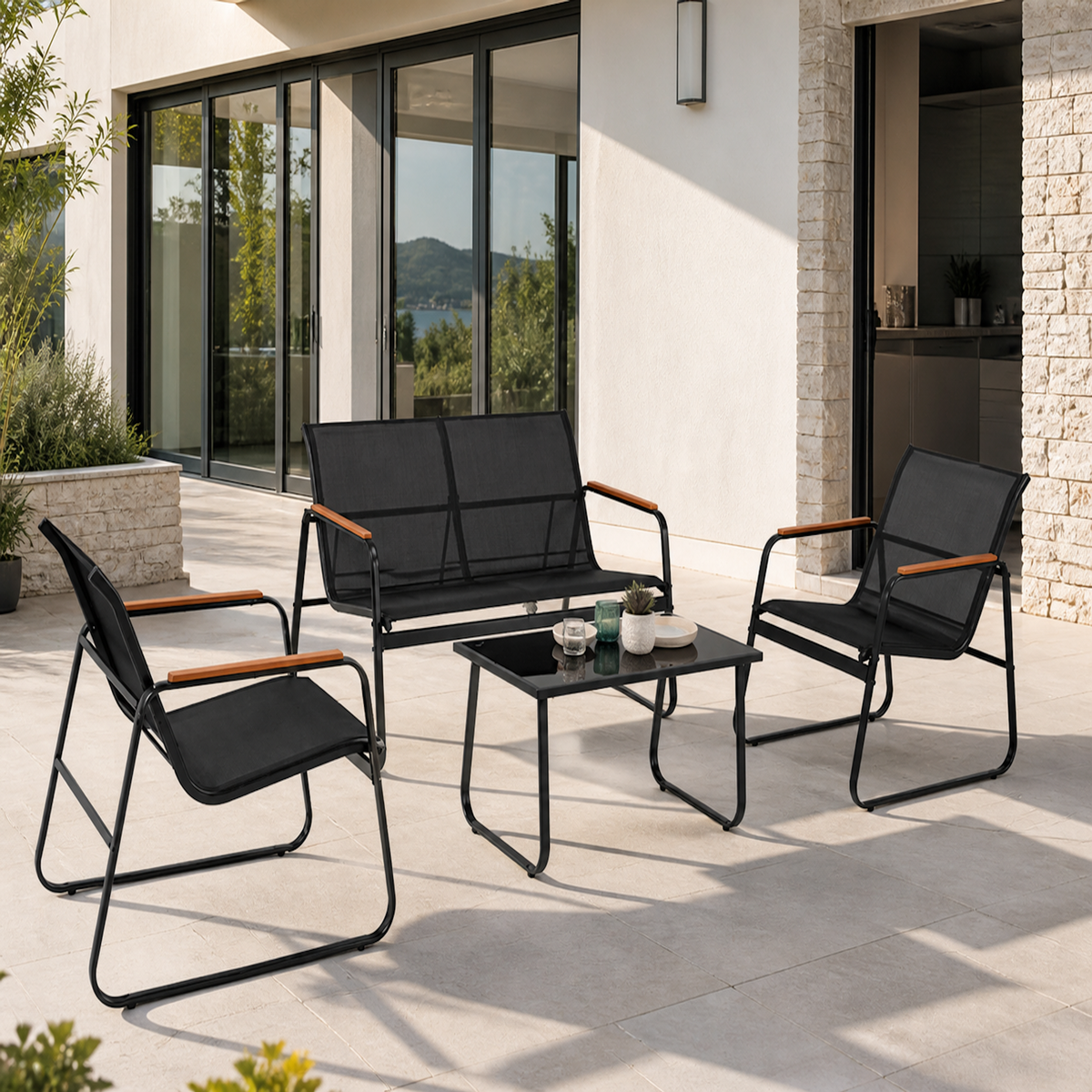 CONCEPT USINE Salon de jardin 4 places en toile de polyester noir AURORA