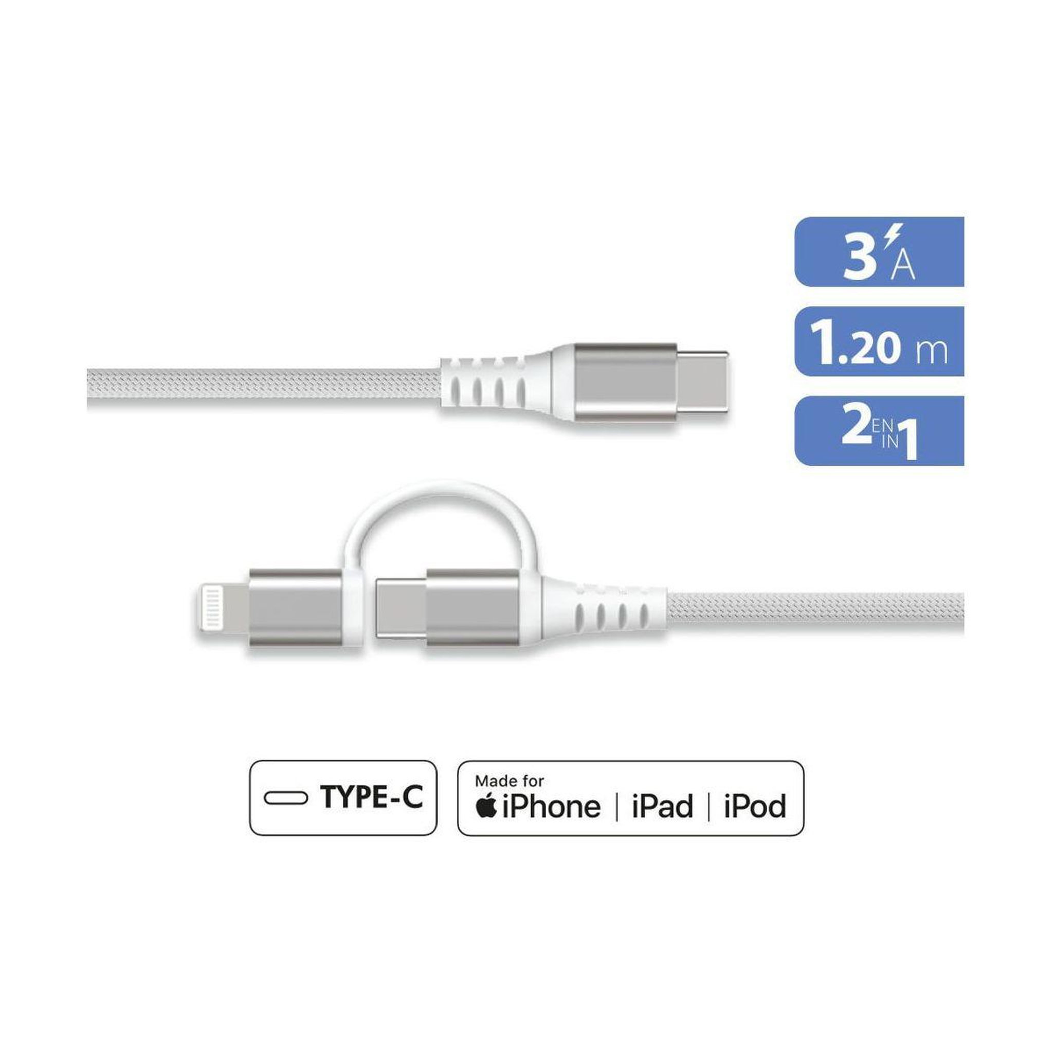 Voir la diapositive 2 : FORCE POWER Câble alimentation 60w usb-c/ usb-c+lightning mfi 1.2m