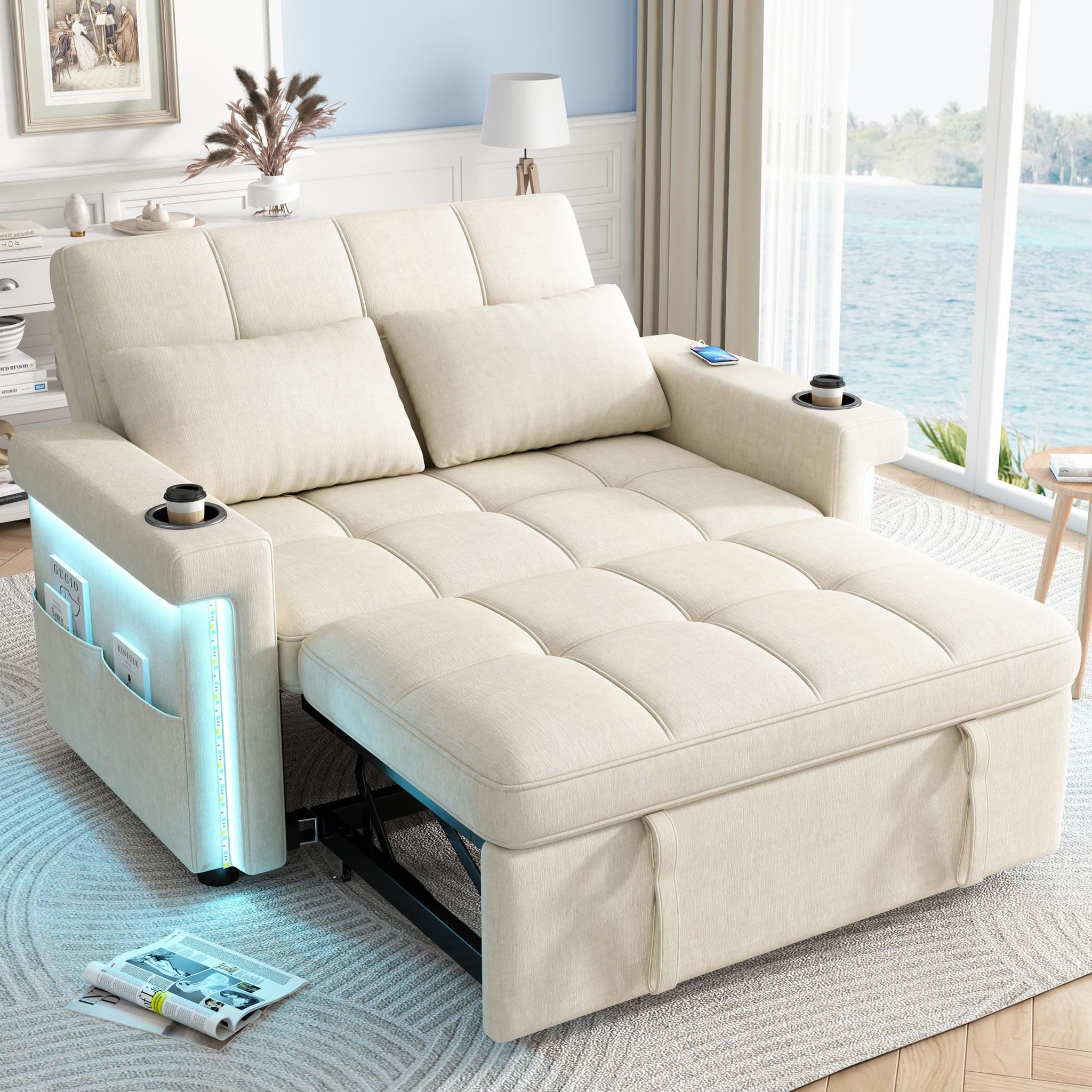 Voir la diapositive 2 : MERAX Canapé convertible 2 places avec dossier réglable et ports usb type-c tissu chenille