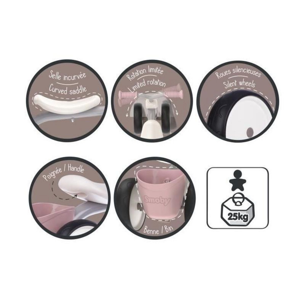 SMOBY Porteur Rookie Rose en métal pour enfant des 12 mois - Smoby